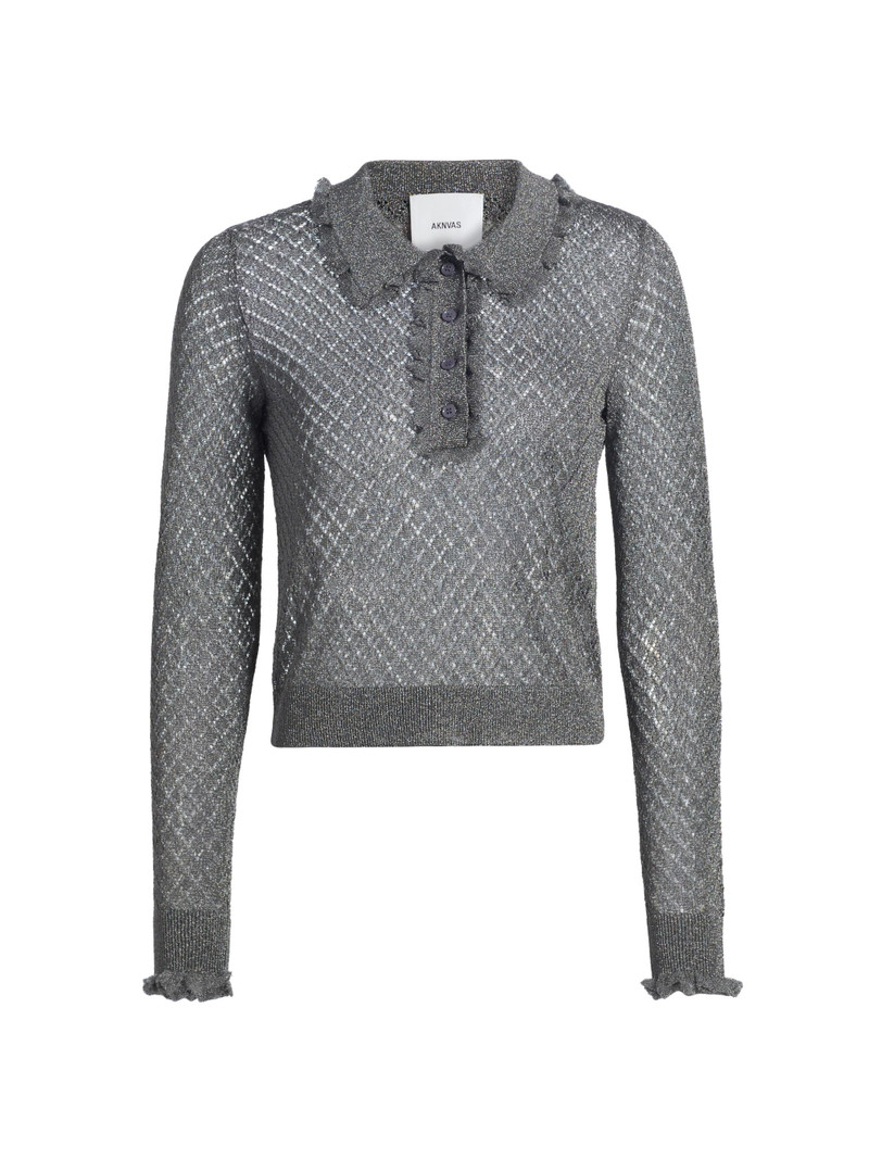 Women's Klara Ruffle Pointelle-Knit Polo Shirt - Gunmetal 1