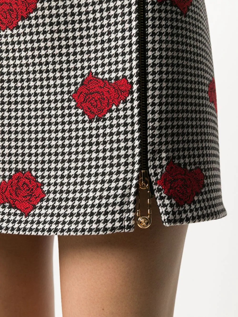 rose-embroidered houndstooth wool skirt - 5