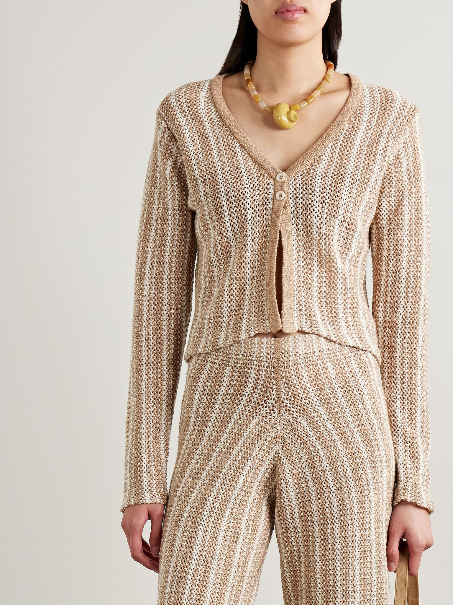 Nora Lite striped crocheted cotton cardigan Tan - 3