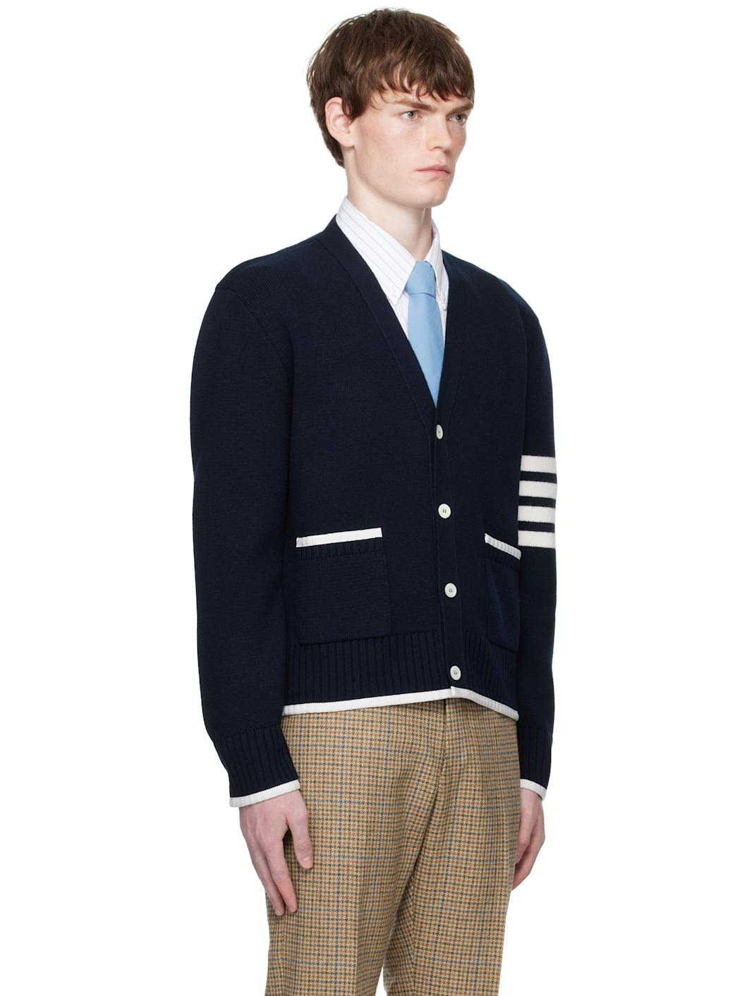 Navy Milano Stitch Merino Wool 4-Bar V-Neck Cardigan - 2