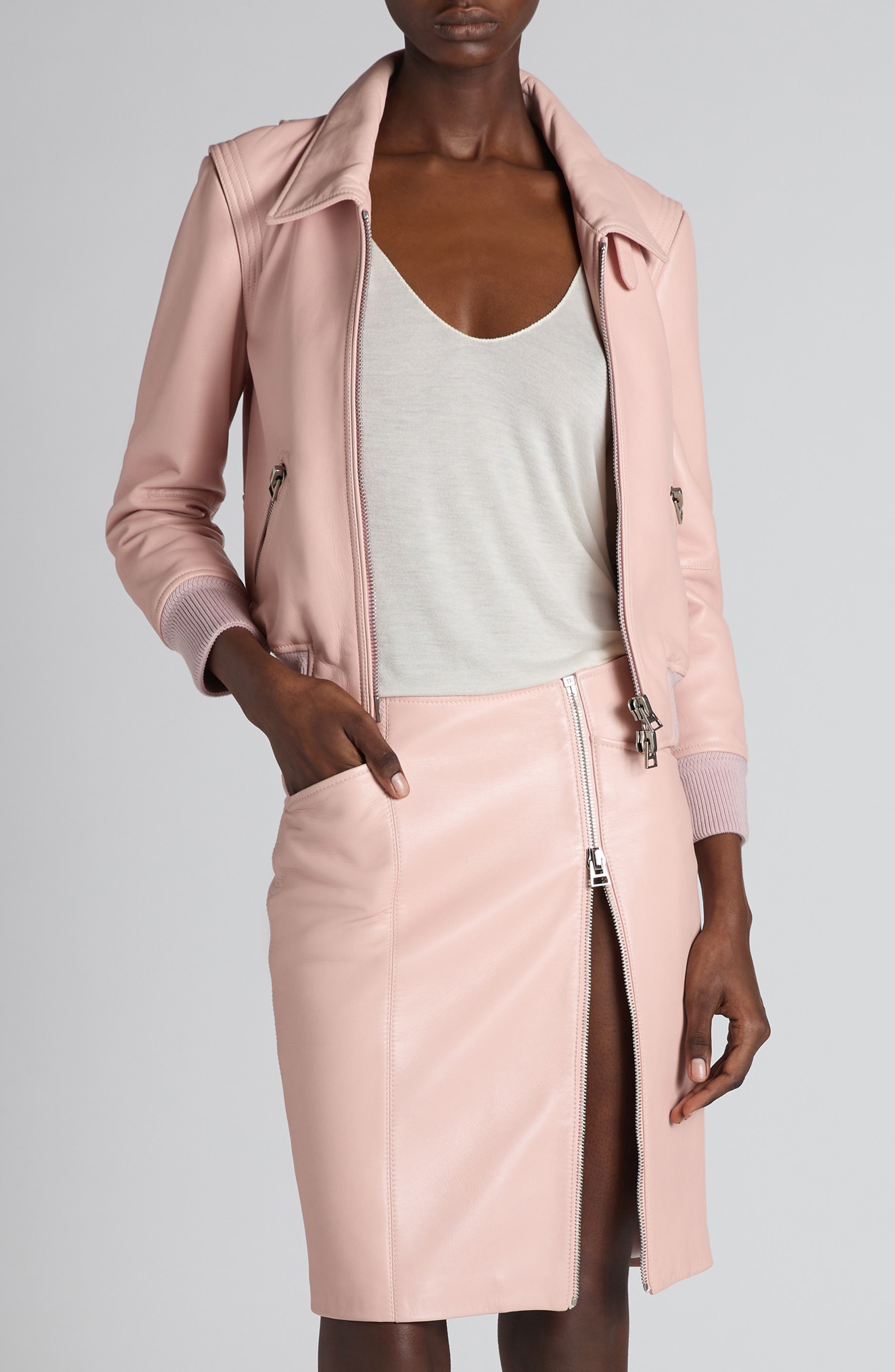 TOM FORD Lambskin Leather Moto Jacket in Powder Pink at Nordstrom - 2