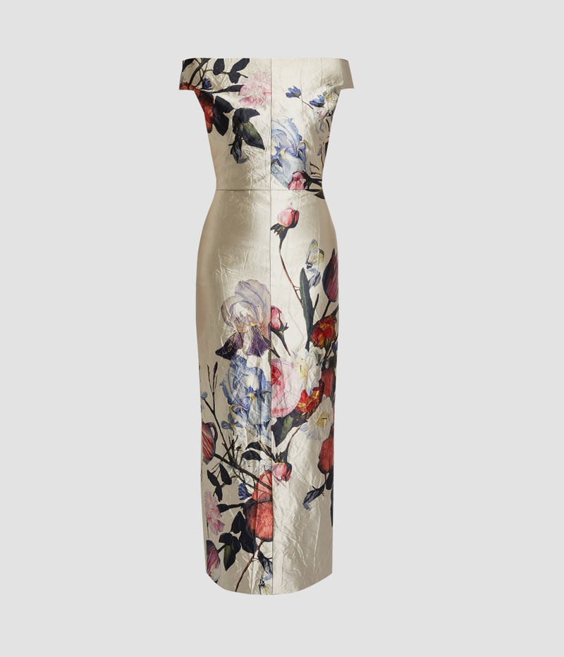 Erdem FLORAL PRINT TEXTURED SATIN OFF-THE-SHOULDER GOWN outlook