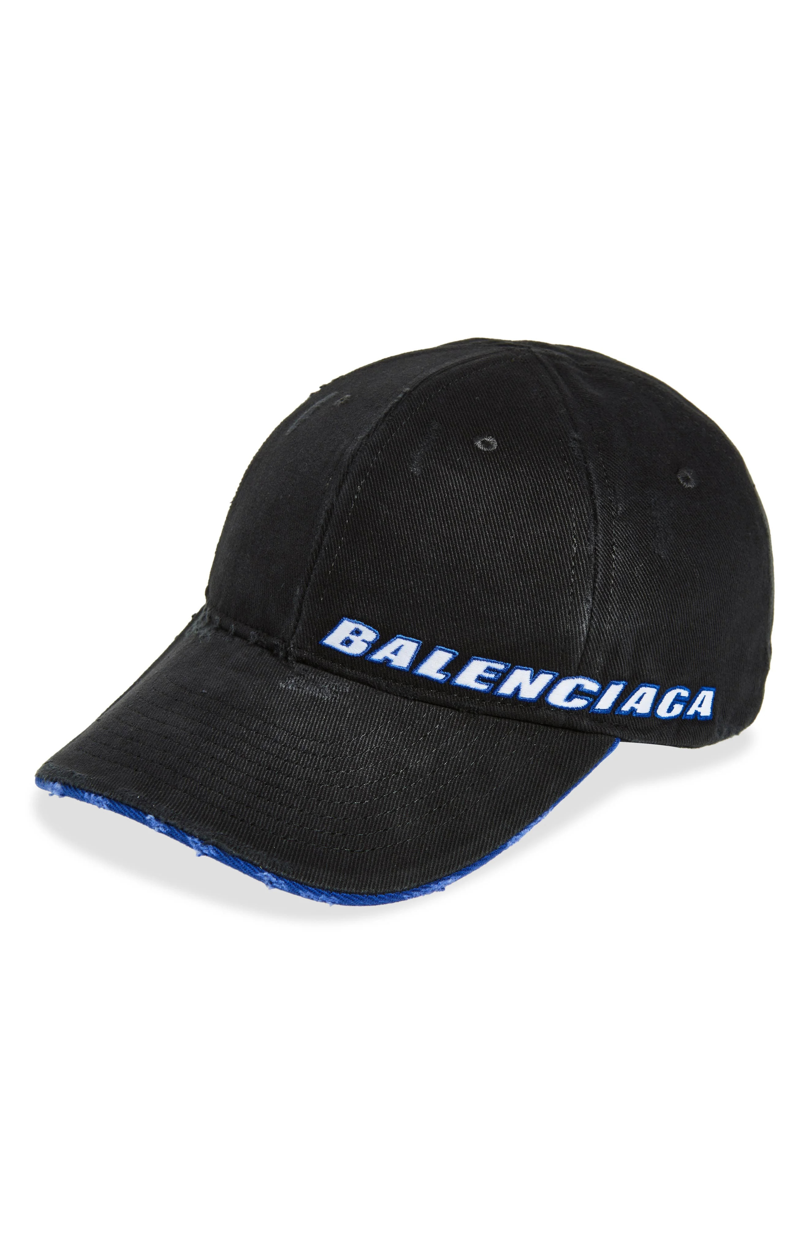 Balenciaga Tilted Typo Distressed Cotton Twill Baseball Cap in Black at Nordstrom - 1