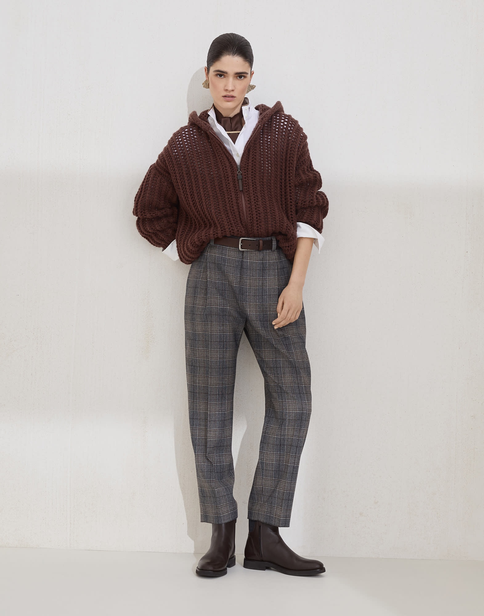 Virgin wool Prince of Wales baggy trousers with monili - 5