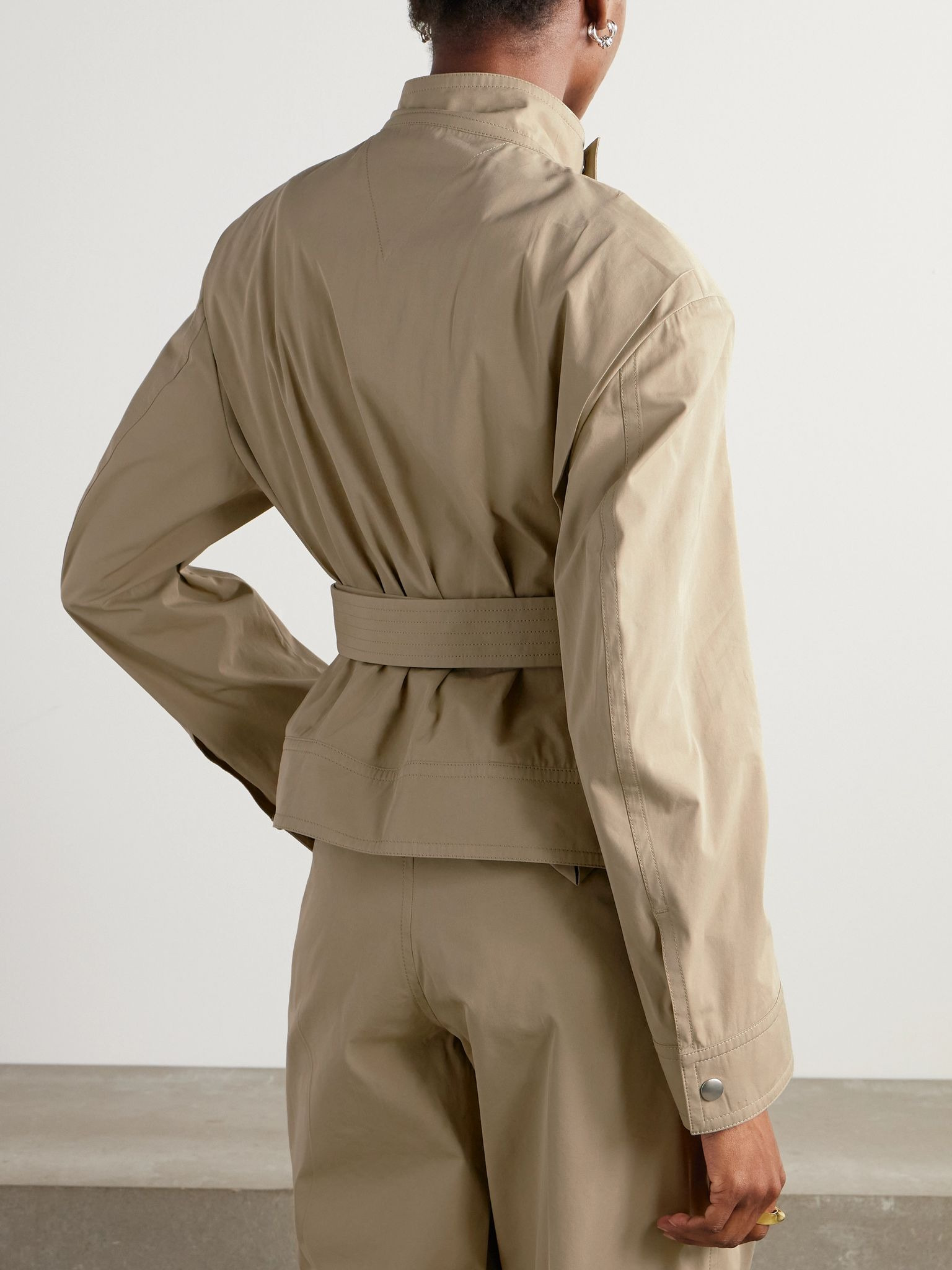 Belted asymmetric cotton-blend jacket Beige - 4