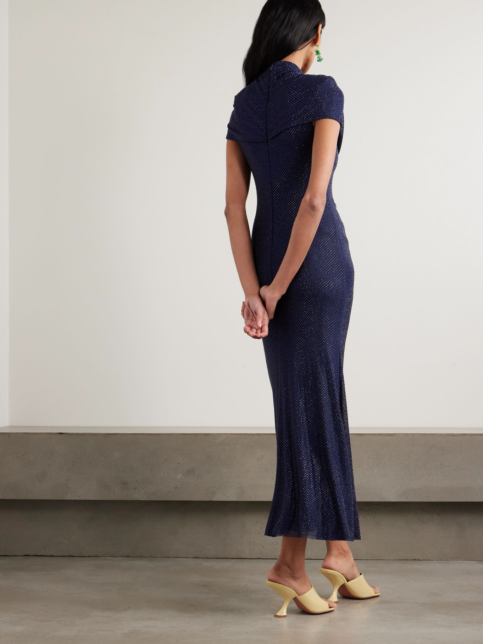 Crystal-embellished cutout draped stretch-jersey midi dress Navy - 3