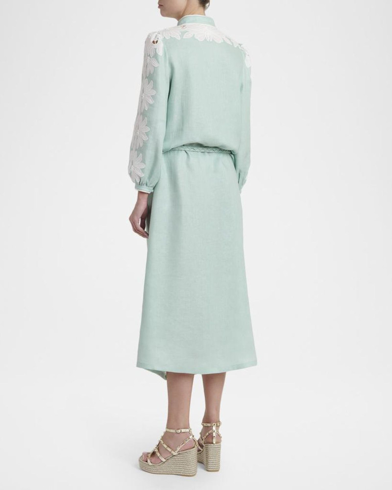 Floral Embroidered Linen Belted Midi Dress 3