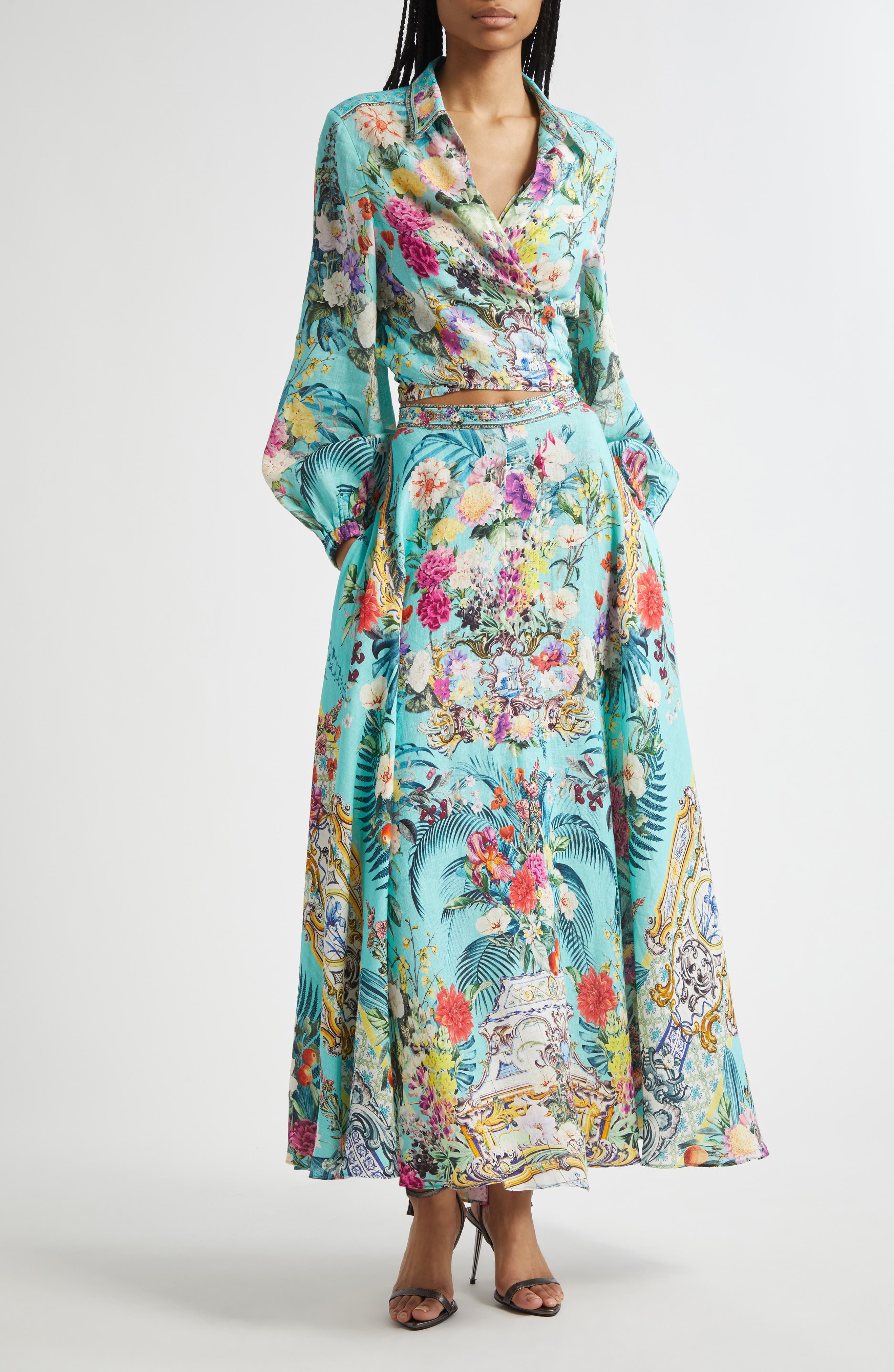 Camilla Crystal Embellished Linen Maxi Skirt in Gardens Of Queluz at Nordstrom - 2