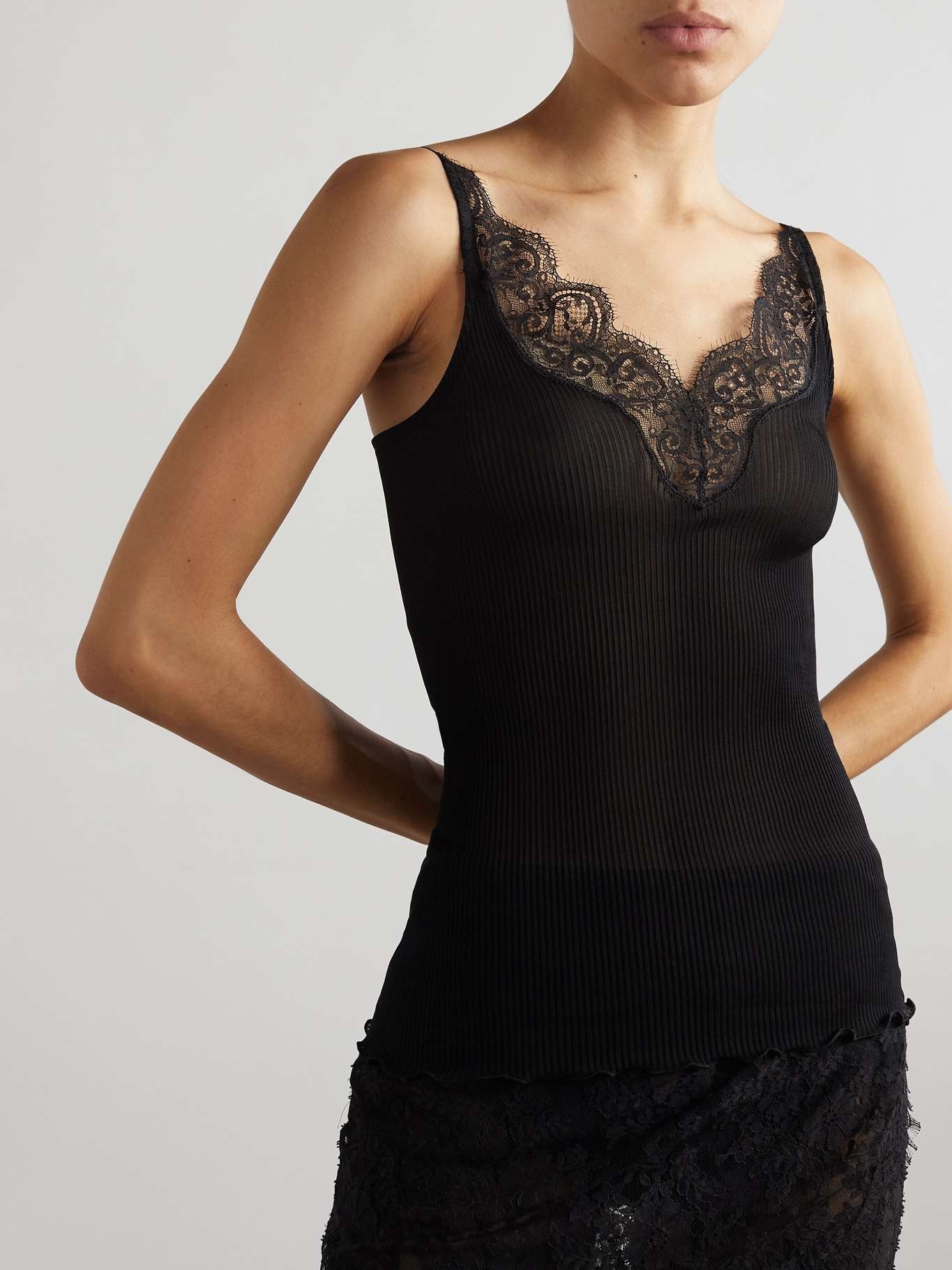 Lace-trimmed ribbed silk-jersey tank top - 3