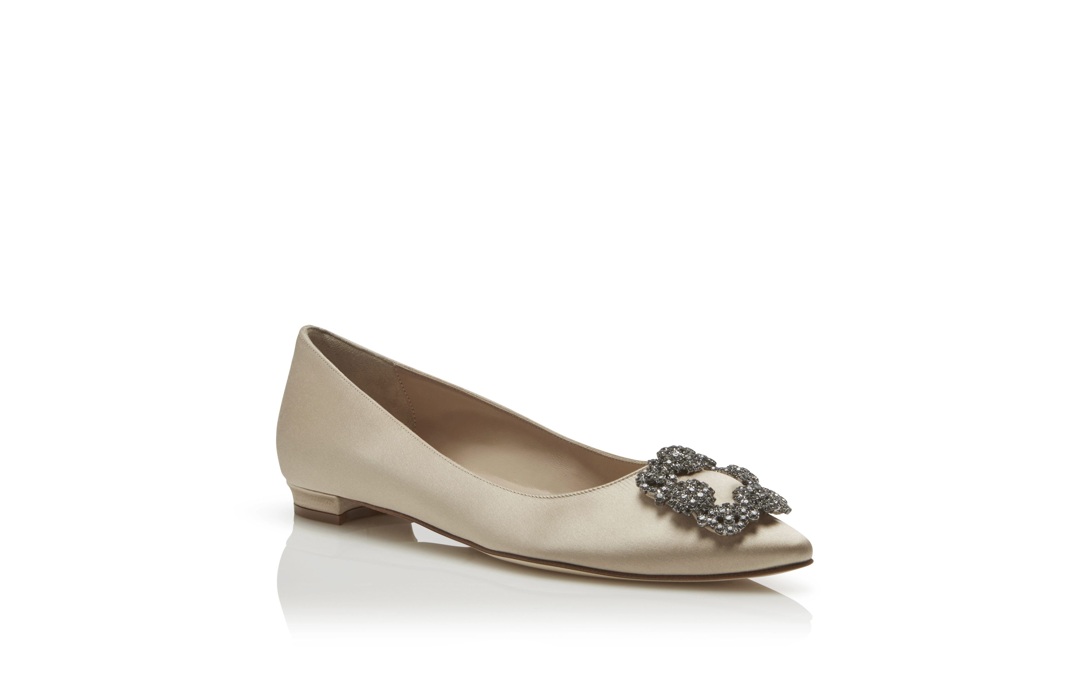 Champagne Satin Jewel Buckle Flat Shoes - 3