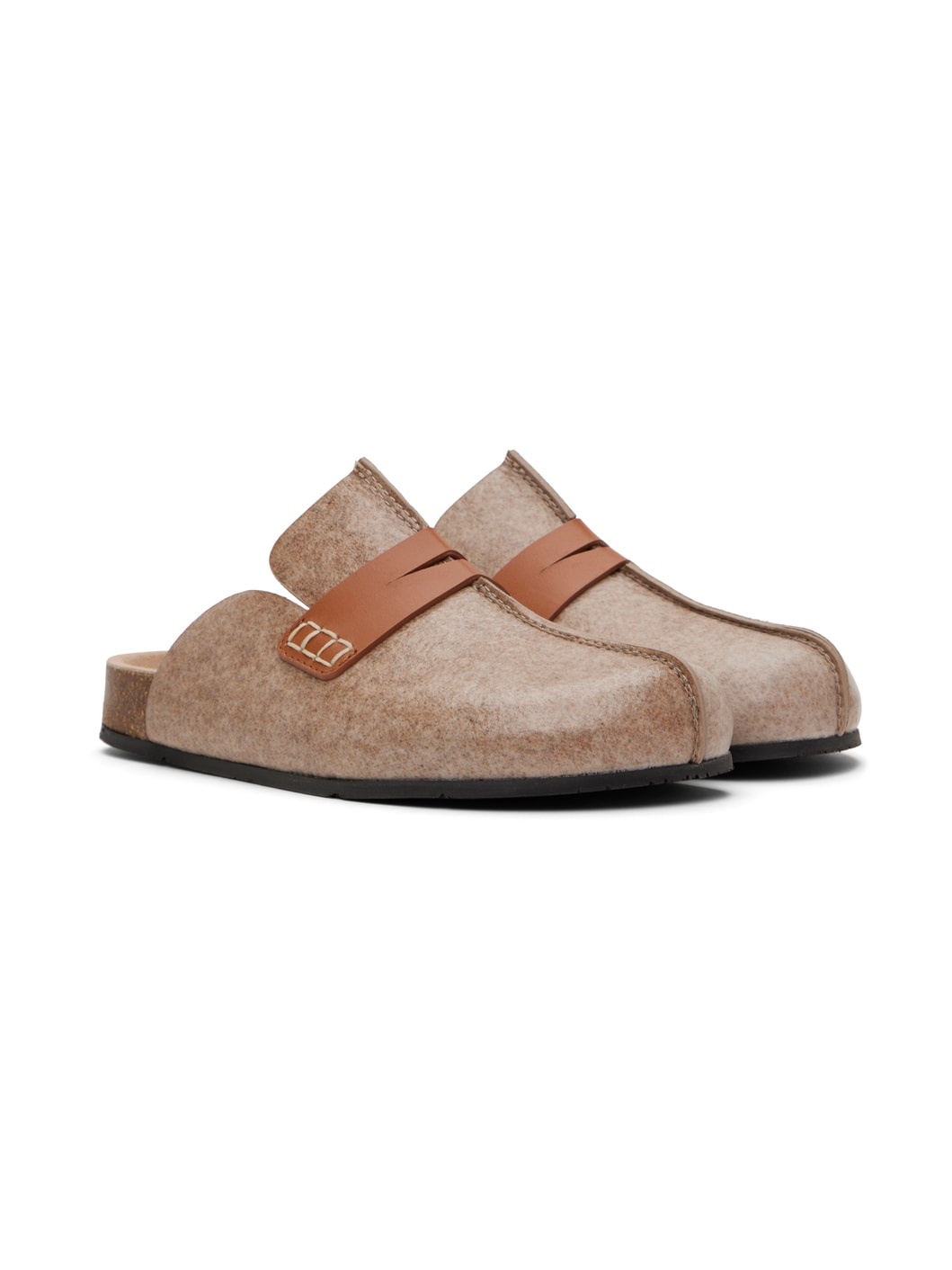 Beige Laminated Felt Loafer Mules - 4