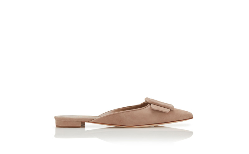 Nude Suede Buckle Detail Flat Mules - 1