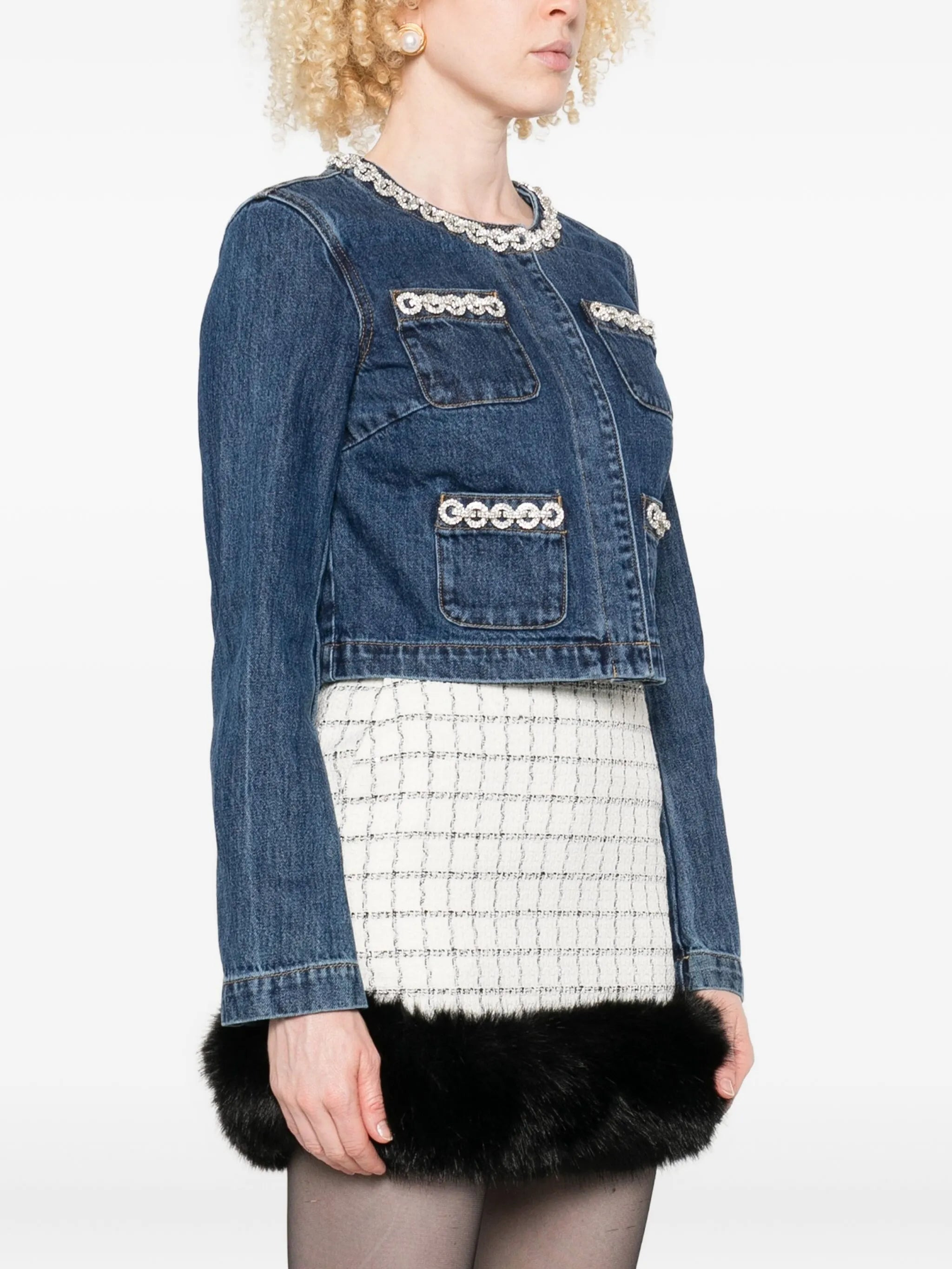 Self-portrait Embellished-pocket Denim Jacket - 2