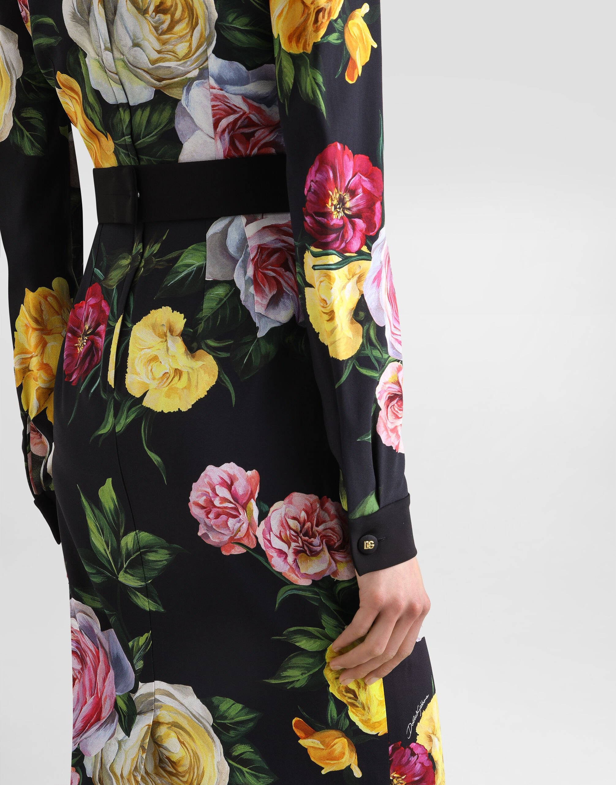 Calf-length cady shirt dress with peony and rose print - 5
