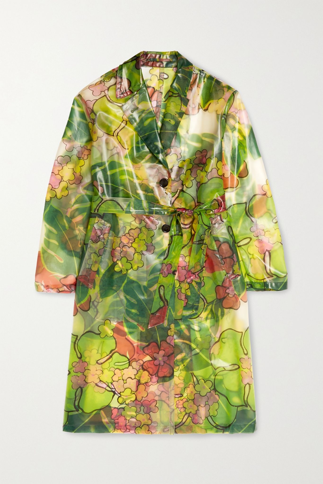 Belted floral-print PVC trench coat - 1