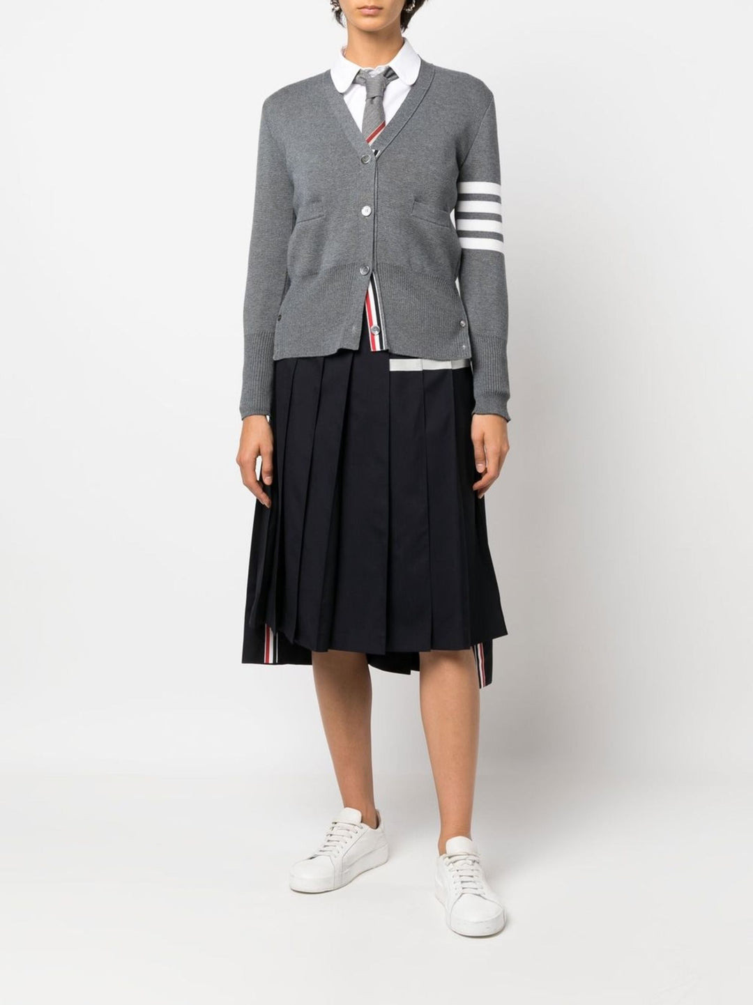 Navy Wool Plain Weave Pleated 4-Bar Skirt - 2