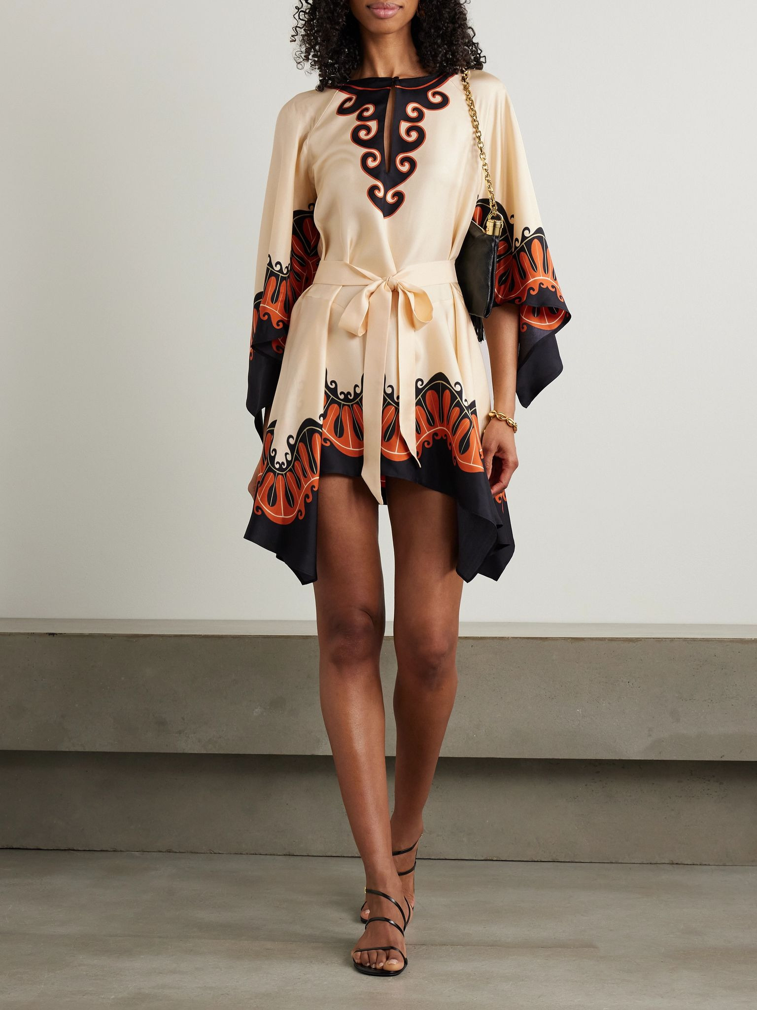 + MOTHER Malibu belted printed silk mini dress Beige - 2