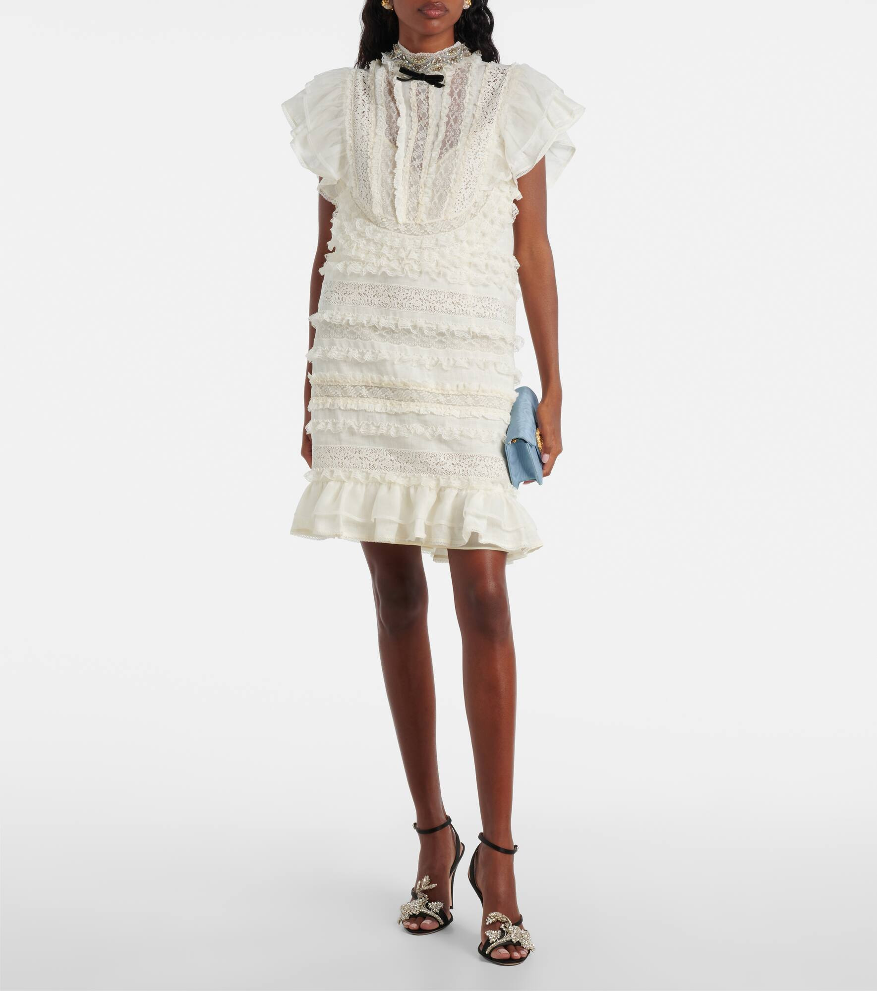 Ruffled lace and linen minidress - 2