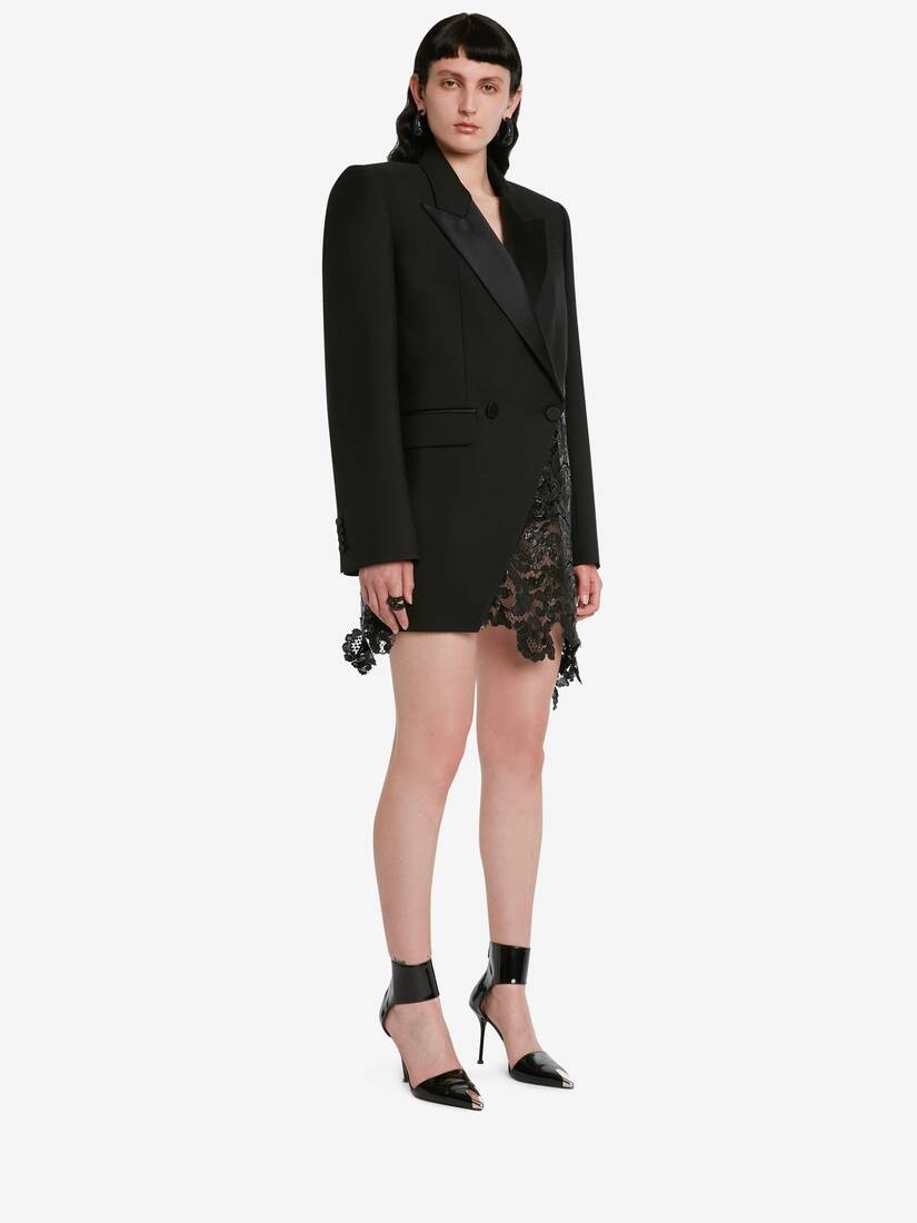 Women's Slashed Lace Detail Double-breasted Jacket in Black - 3