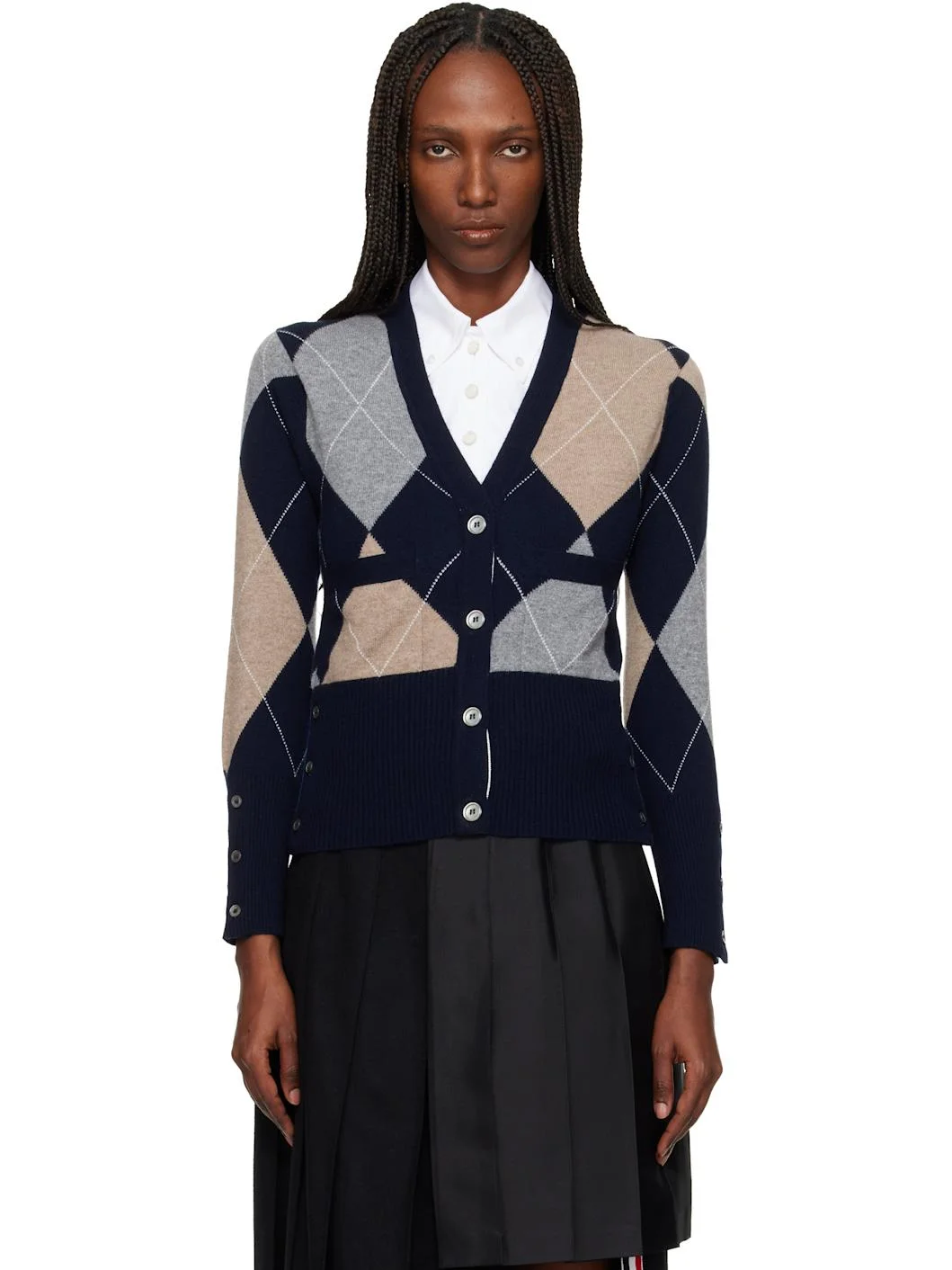 Navy Argyle Intarsia Cashmere V Neck Cardigan - 1