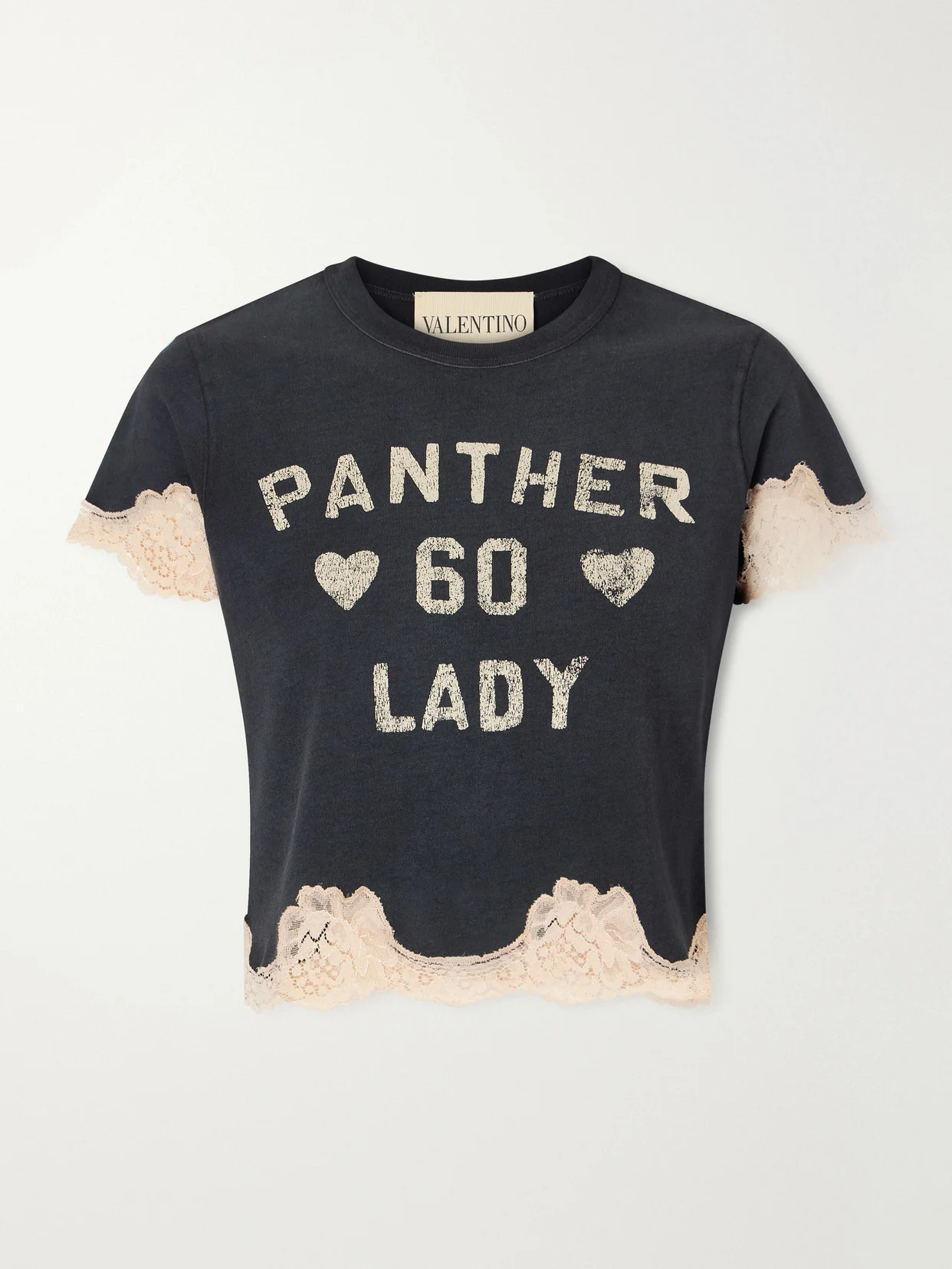 Cropped Printed Lace-trimmed Cotton-jersey T-shirt - 1