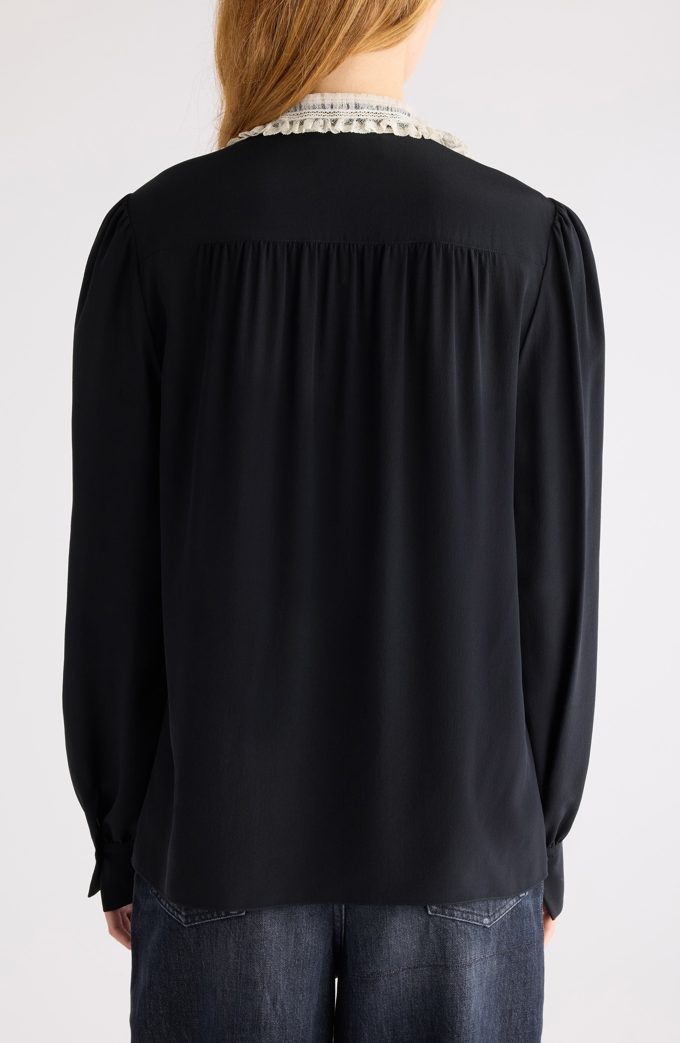 Chloé Silk Crêpe de Chine & Lace Ruffle Collar Button-Up Shirt in Black at Nordstrom - 3