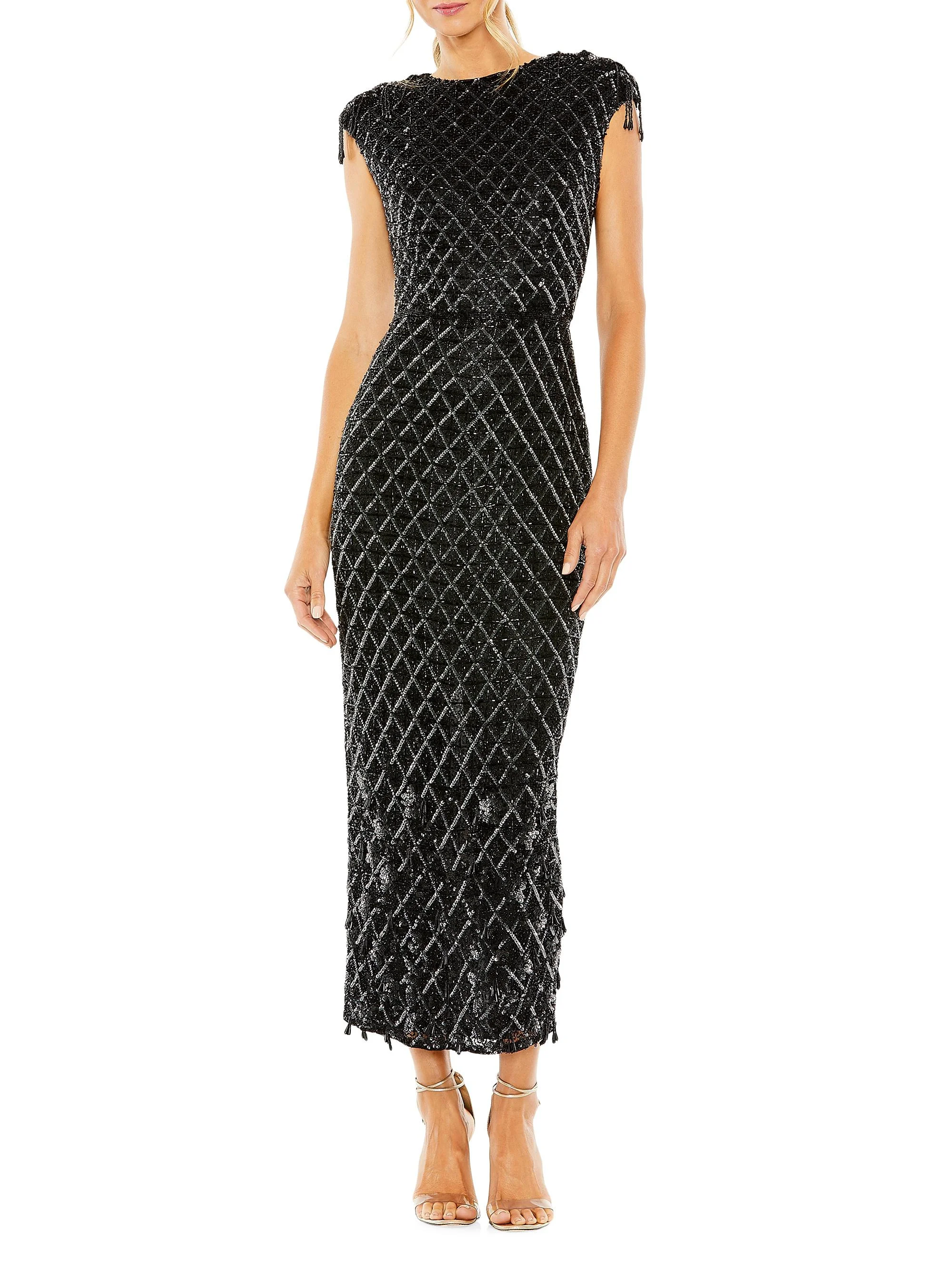 Women's Crystal Fringe Cap-Sleeve Dress - Black - 1