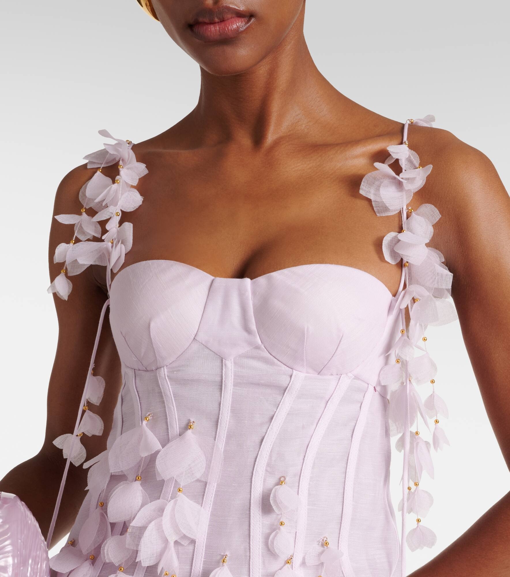 Floral-appliqué linen and silk bustier gown - 4