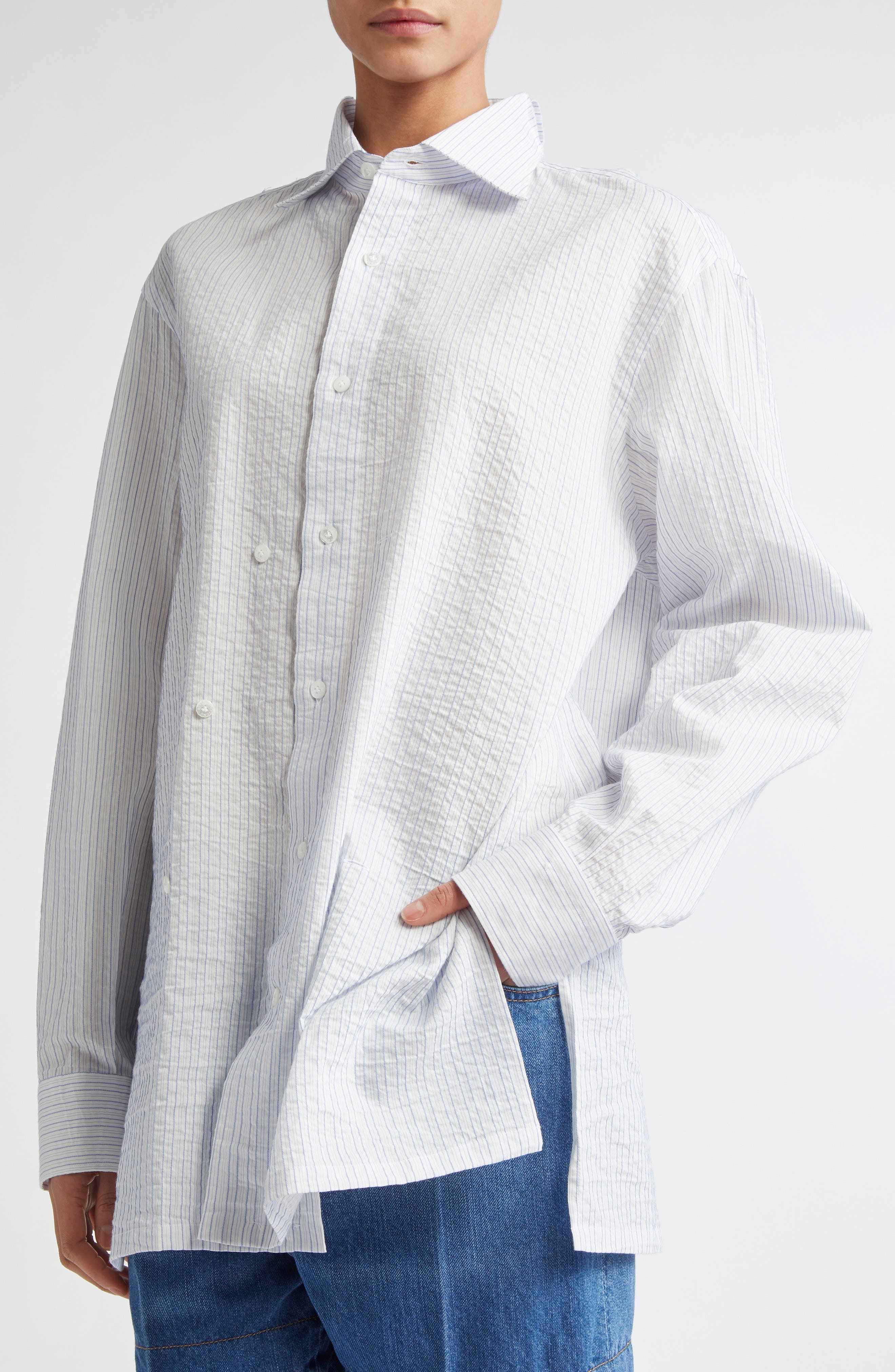 SETCHU Hook & Eye Stripe Cotton & Linen Button-Up Shirt in Light Blue Skystripe at Nordstrom - 6