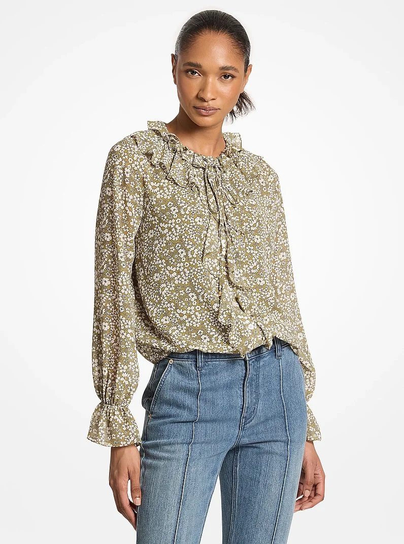 Floral Print Georgette Ruffle Blouse - 1