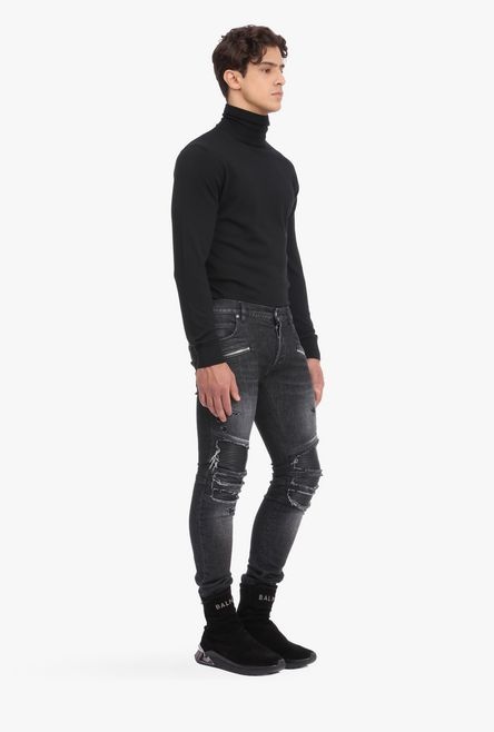 Slim-fit ripped black cotton and pleather jeans - 7