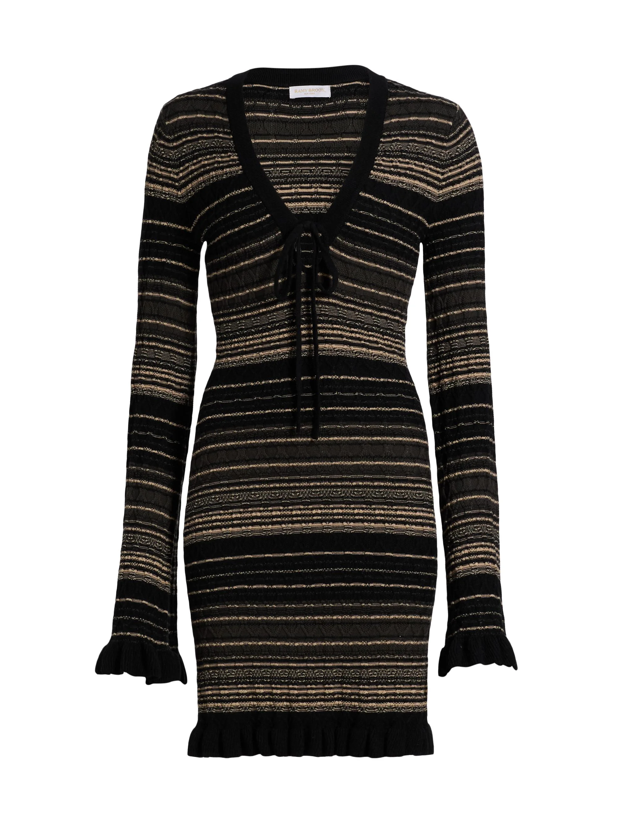 Women's Mary Striped Merino Wool-Blend V-Neck Minidress - Deep Olive Cable - 1