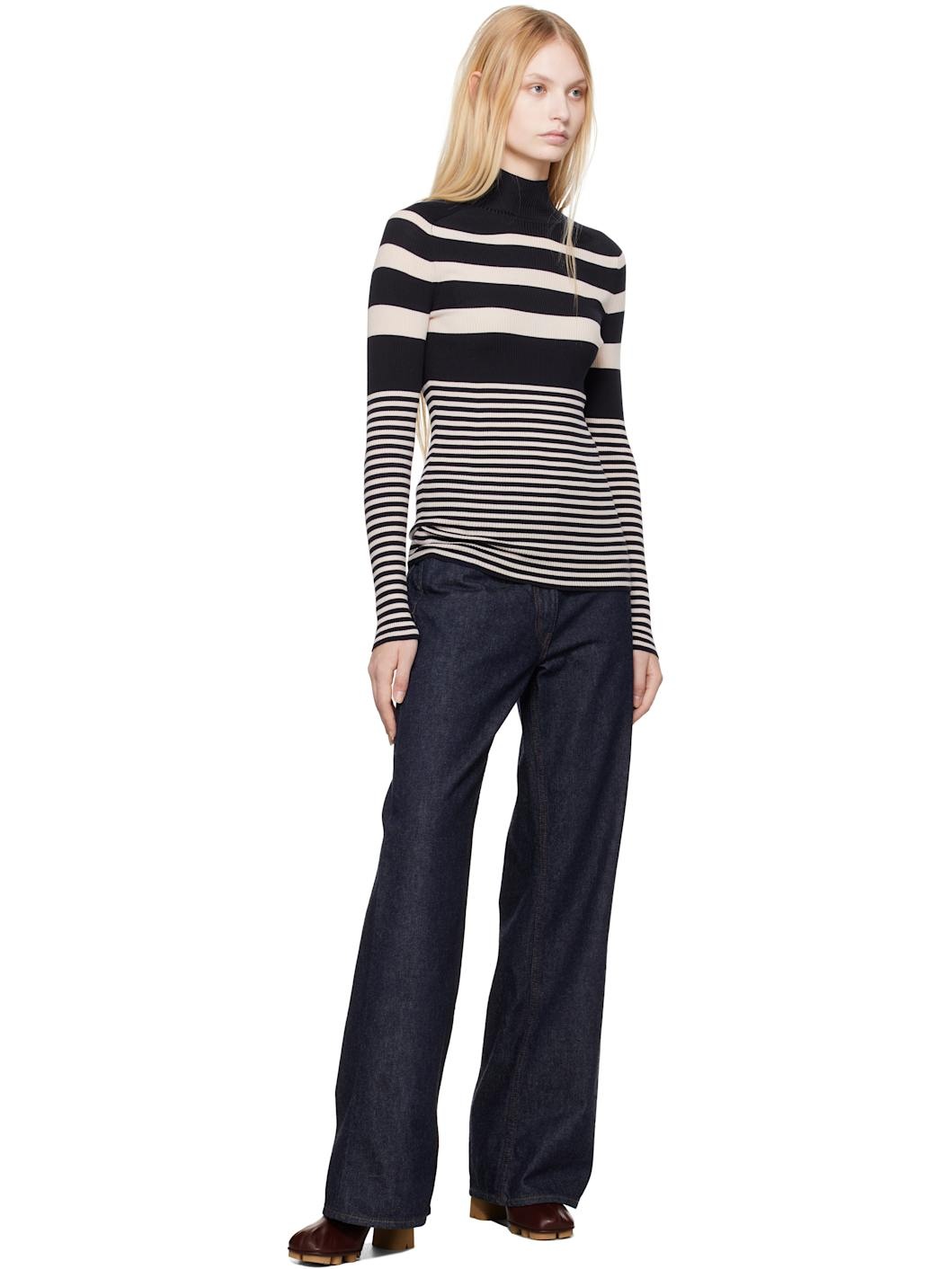 White & Blue Striped Wool Turtleneck - 5