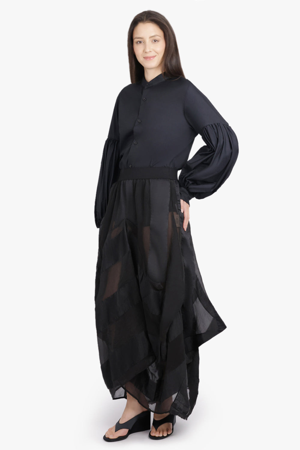 RUCHED BALLOON L/S BLOUSE | BLACK - 2