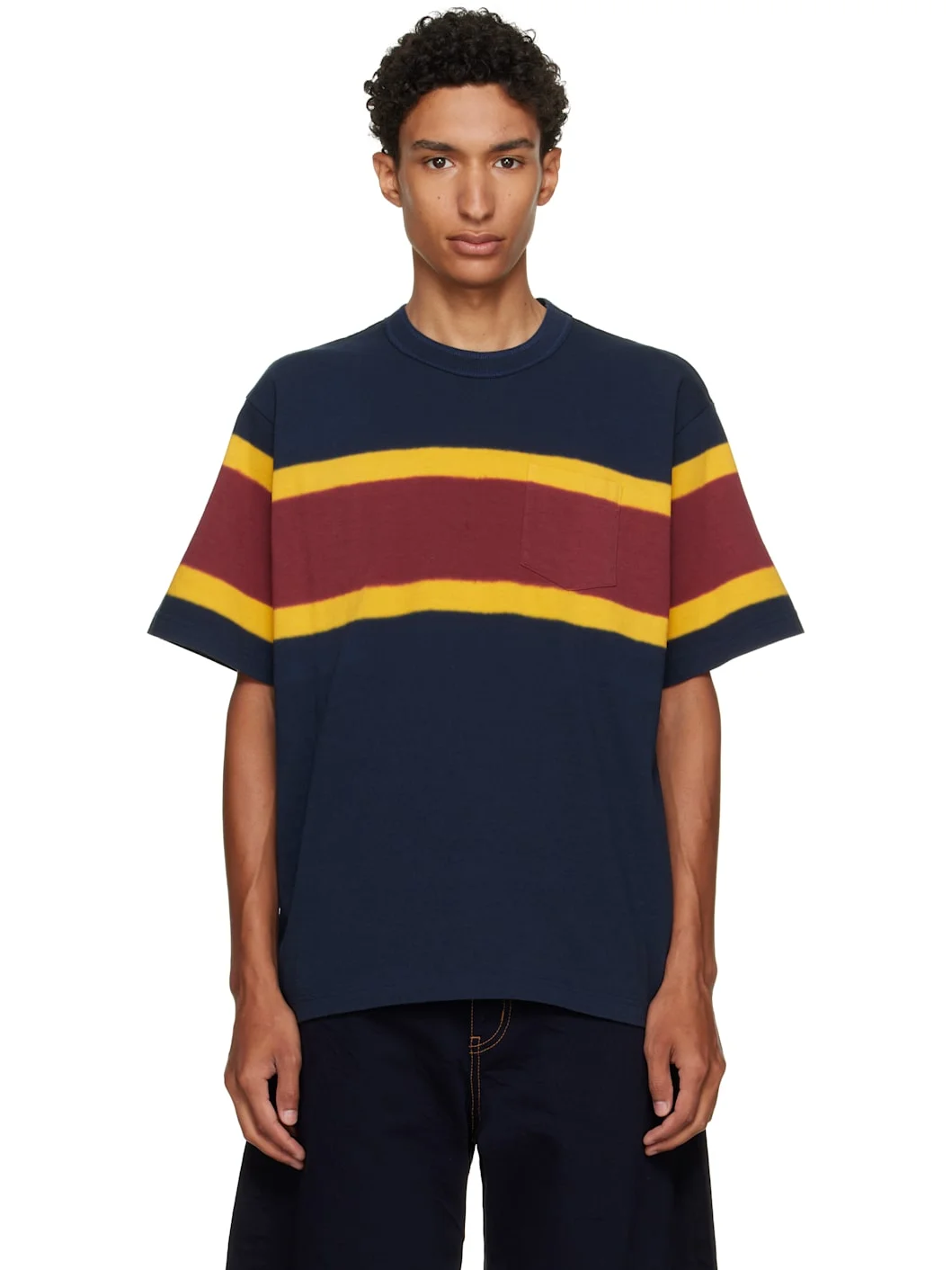 Navy & Burgundy Chusen-Dyed Cotton Jersey T-shirt - 1