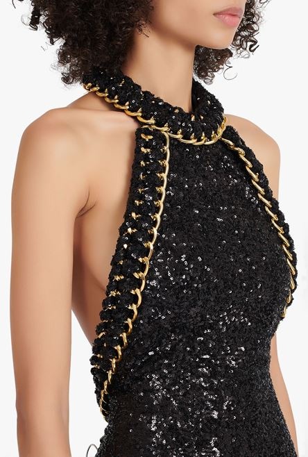 Long black and gold sequined embroidered dress - 10