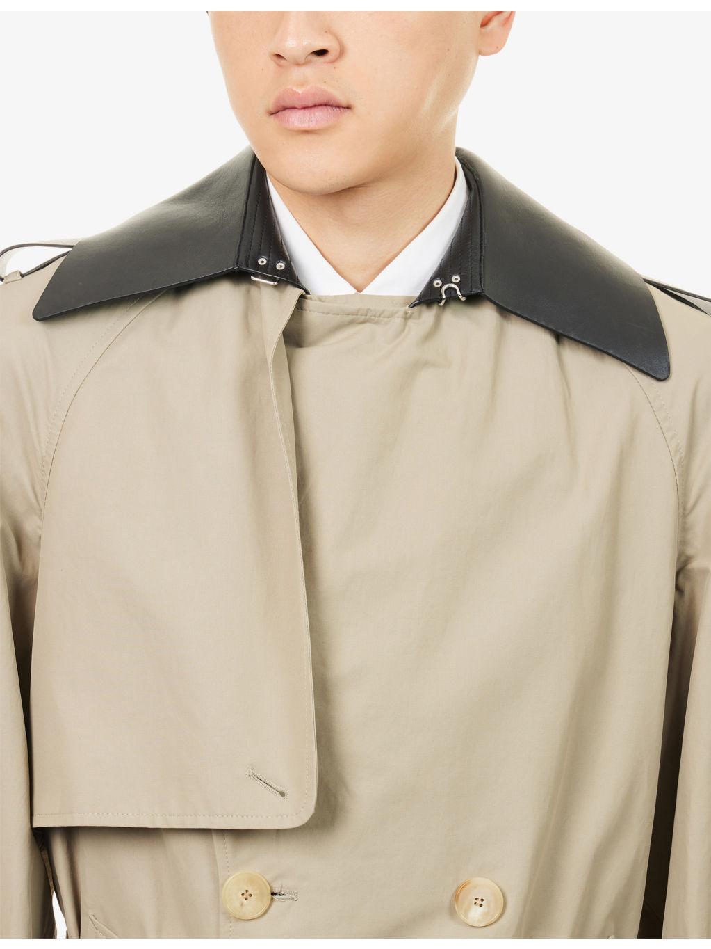 Double-Breasted Contrast Cotton Blend Trench Coat - 5