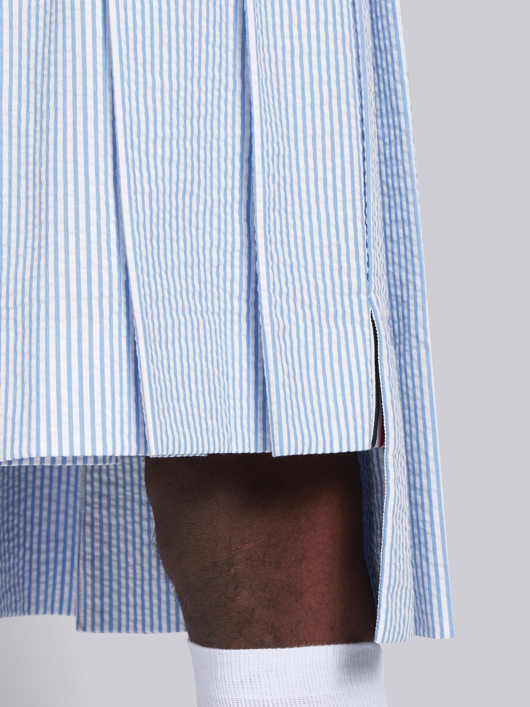 Blue Seersucker Striped Knee Length Pleated Skirt - 5