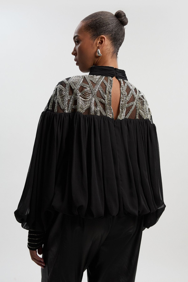 Plus Size Crystal Embellished Cutwork Cape Detail Woven Drama Blouse 5