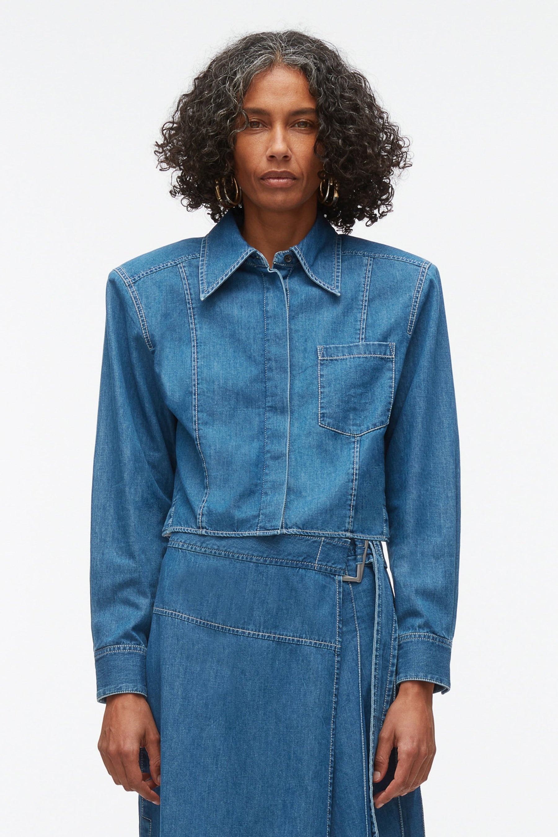Chambray Cropped Shirt with Shoulder Pads - 2