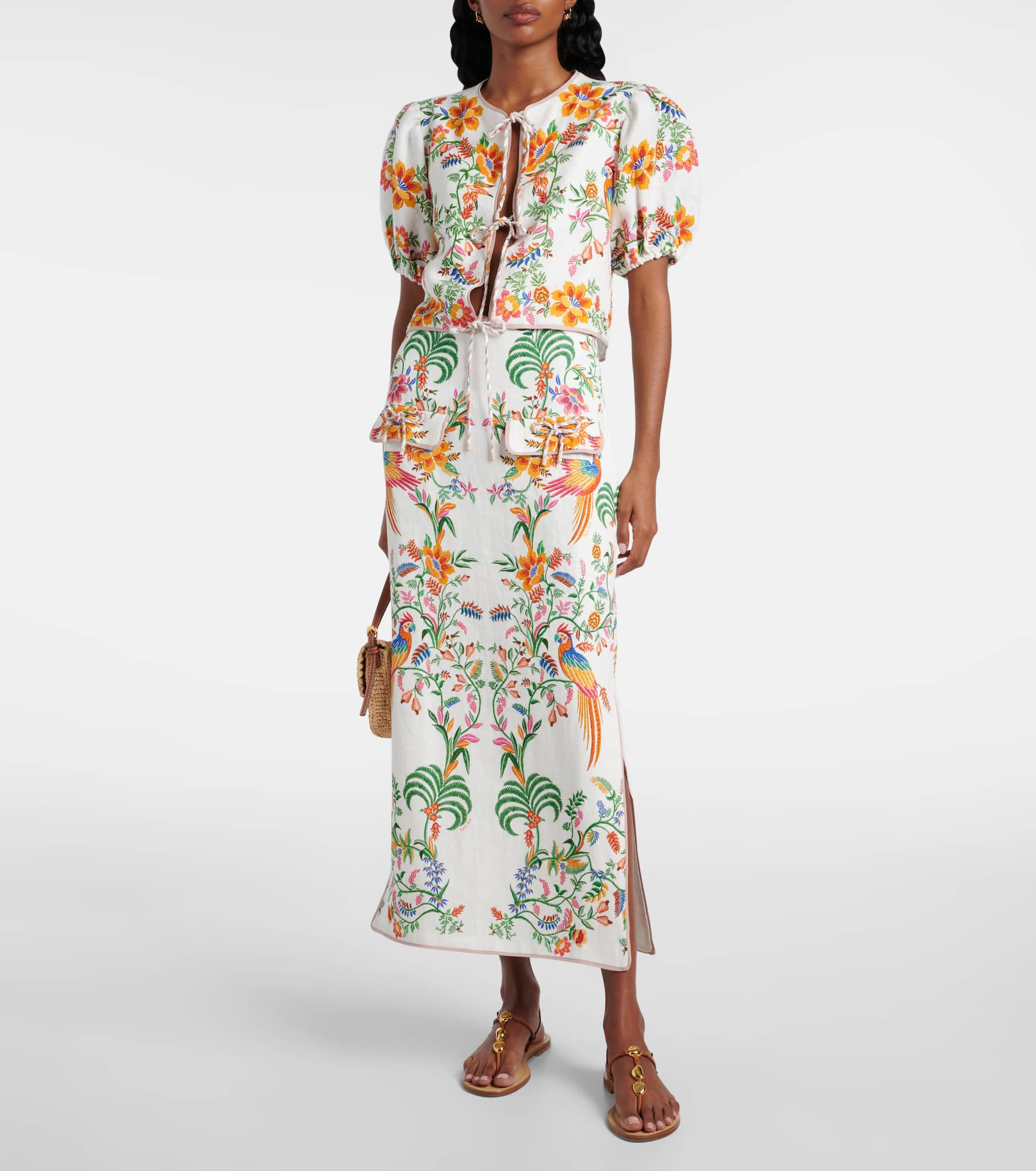 Floral puff-sleeve linen blouse - 2