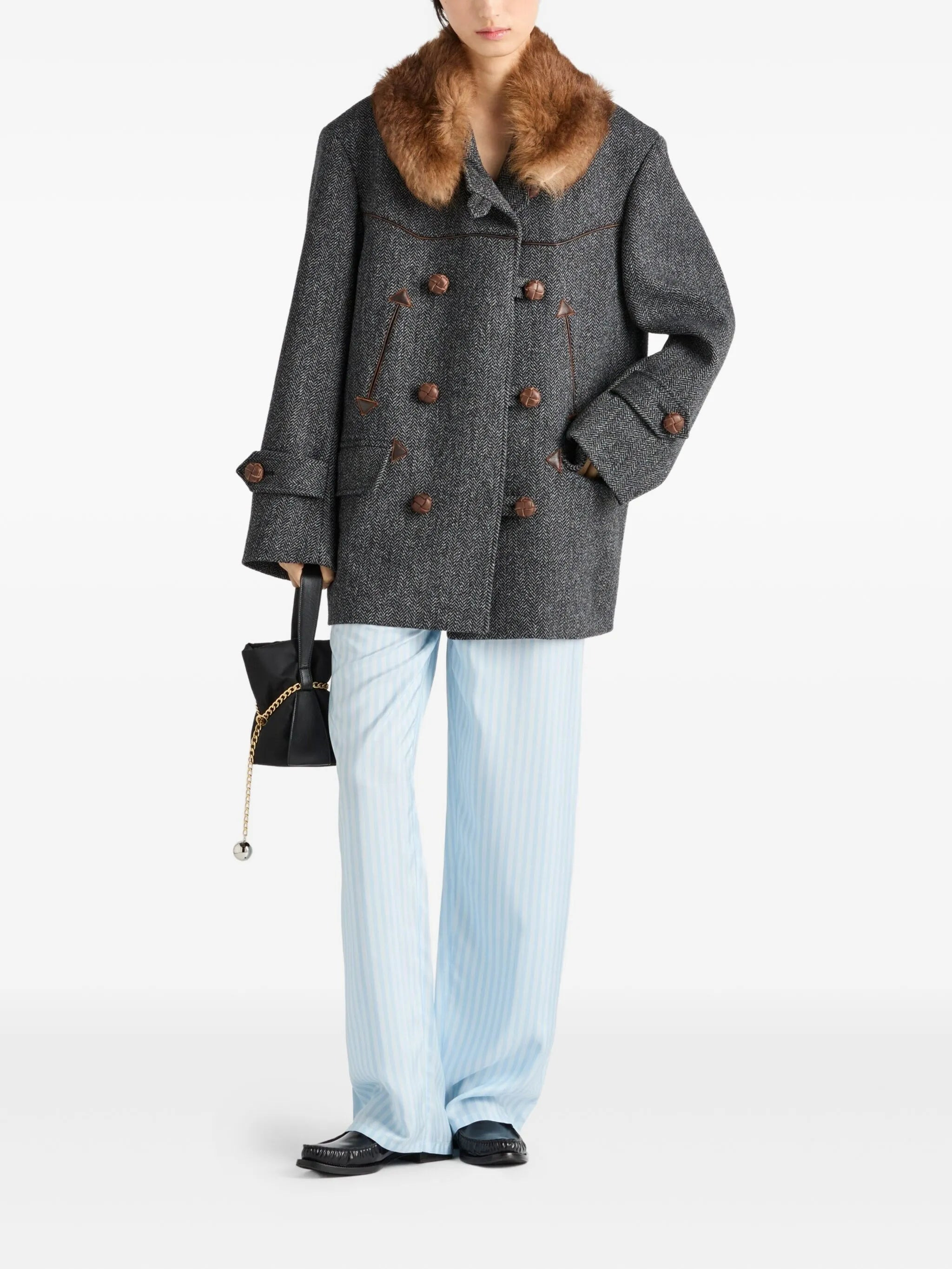 herringbone fur-collar coat - 2