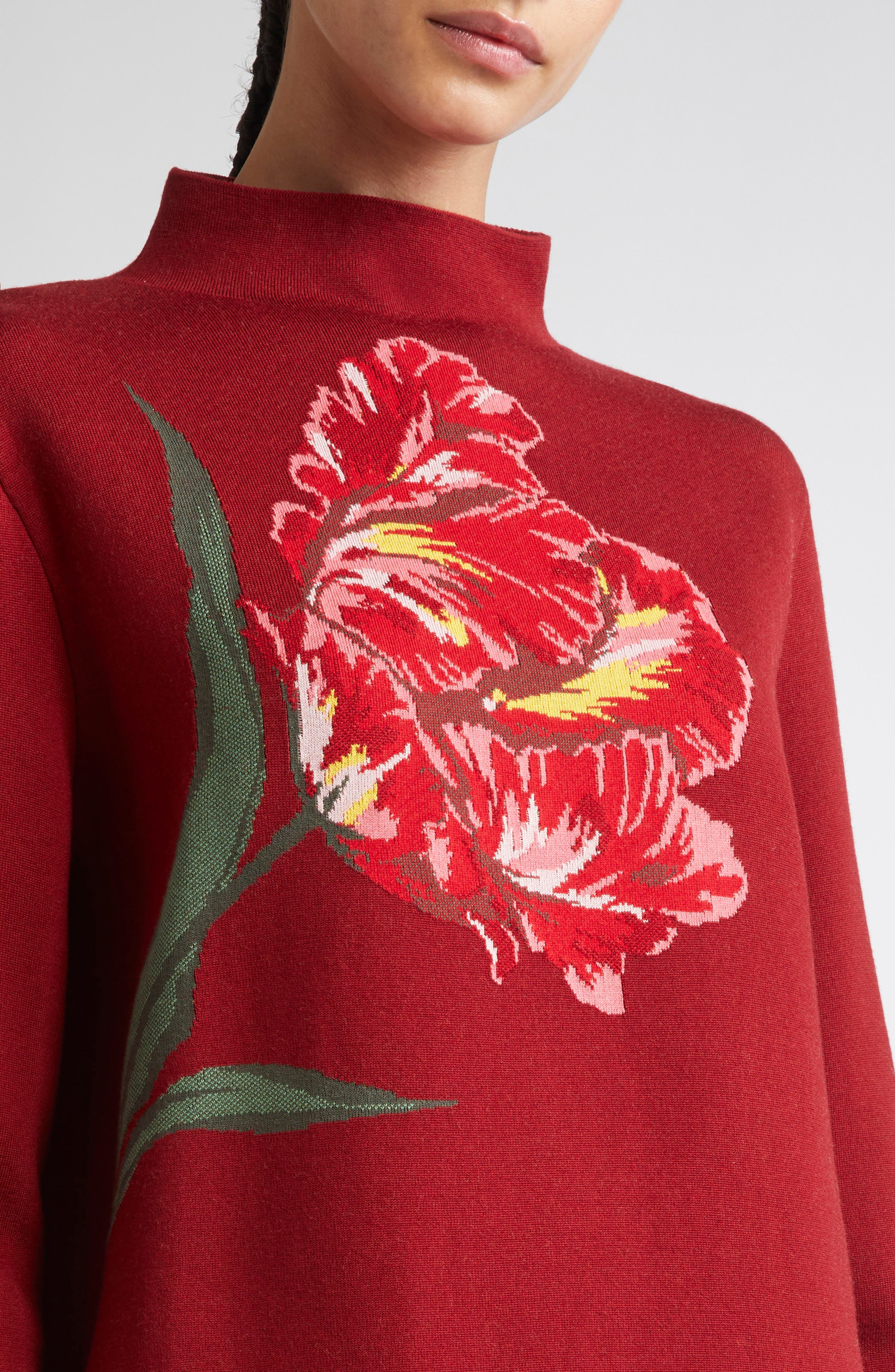 Carolina Herrera Floral Intarsia Funnel Neck Sweater in Garnet Multi at Nordstrom - 4