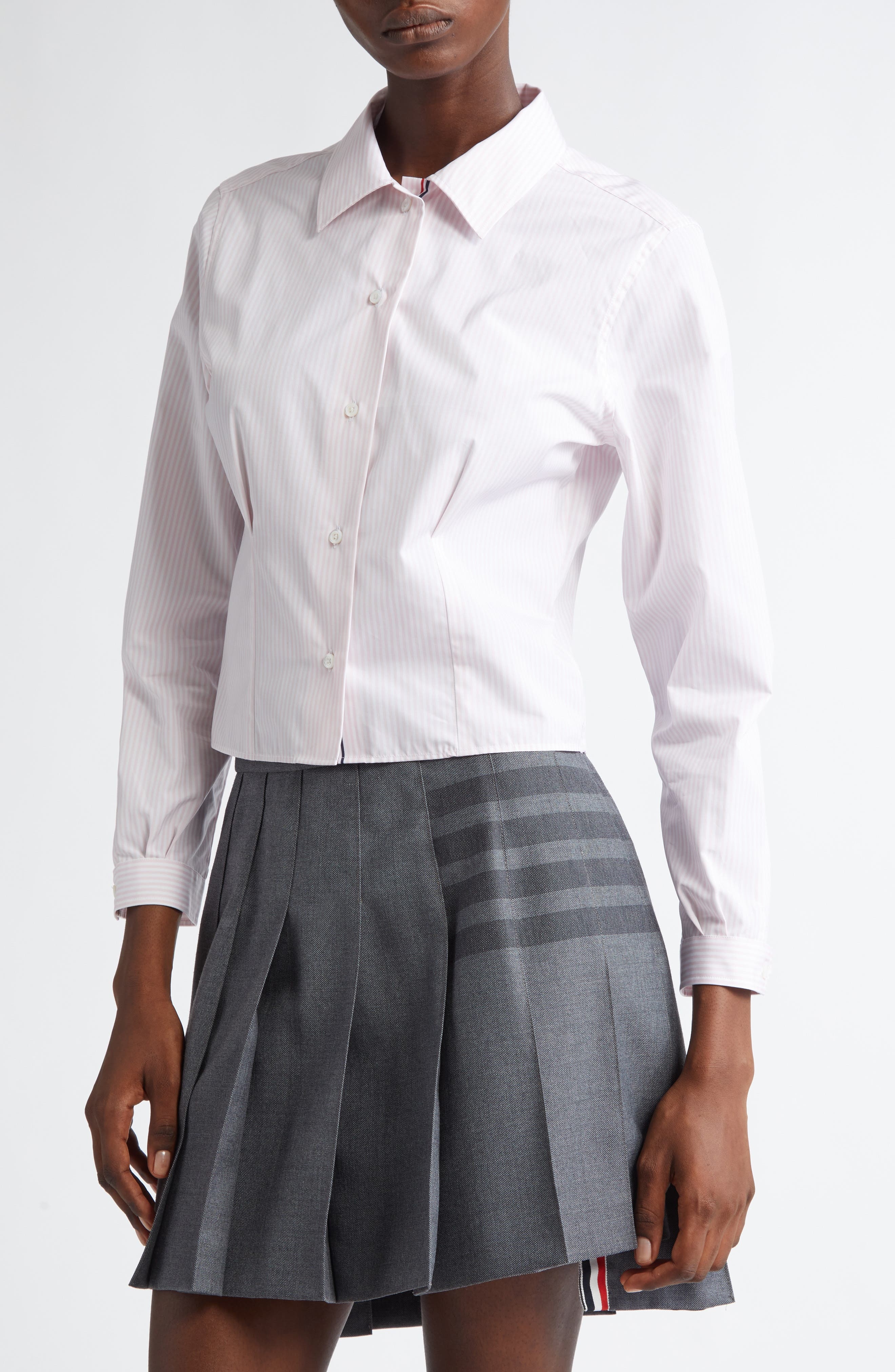 Thom Browne Stripe Crop Cotton Button-Up Shirt in Light Pink at Nordstrom - 4
