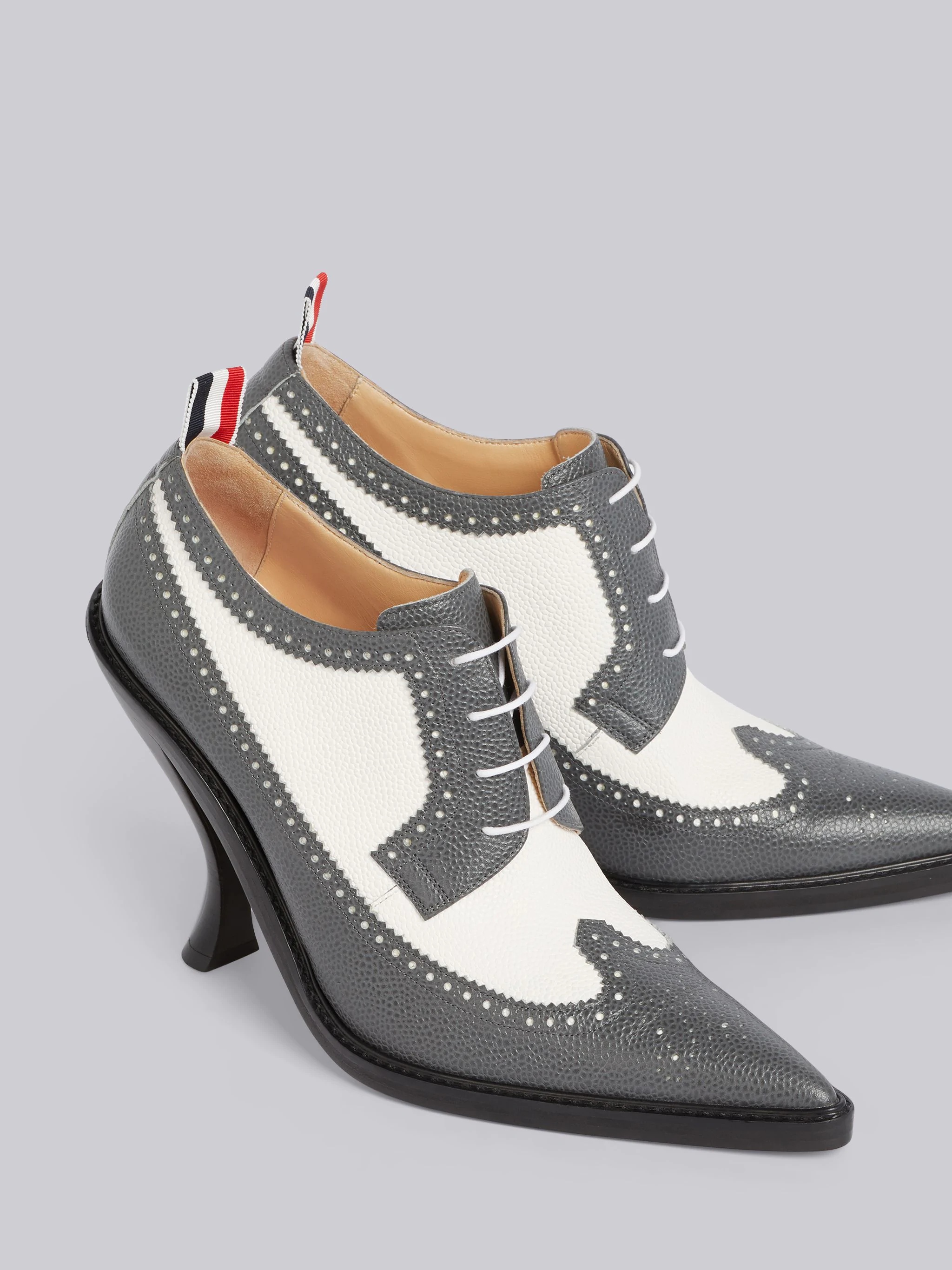 Grey Mix Pebbled Brogue Curved High Heel - 2