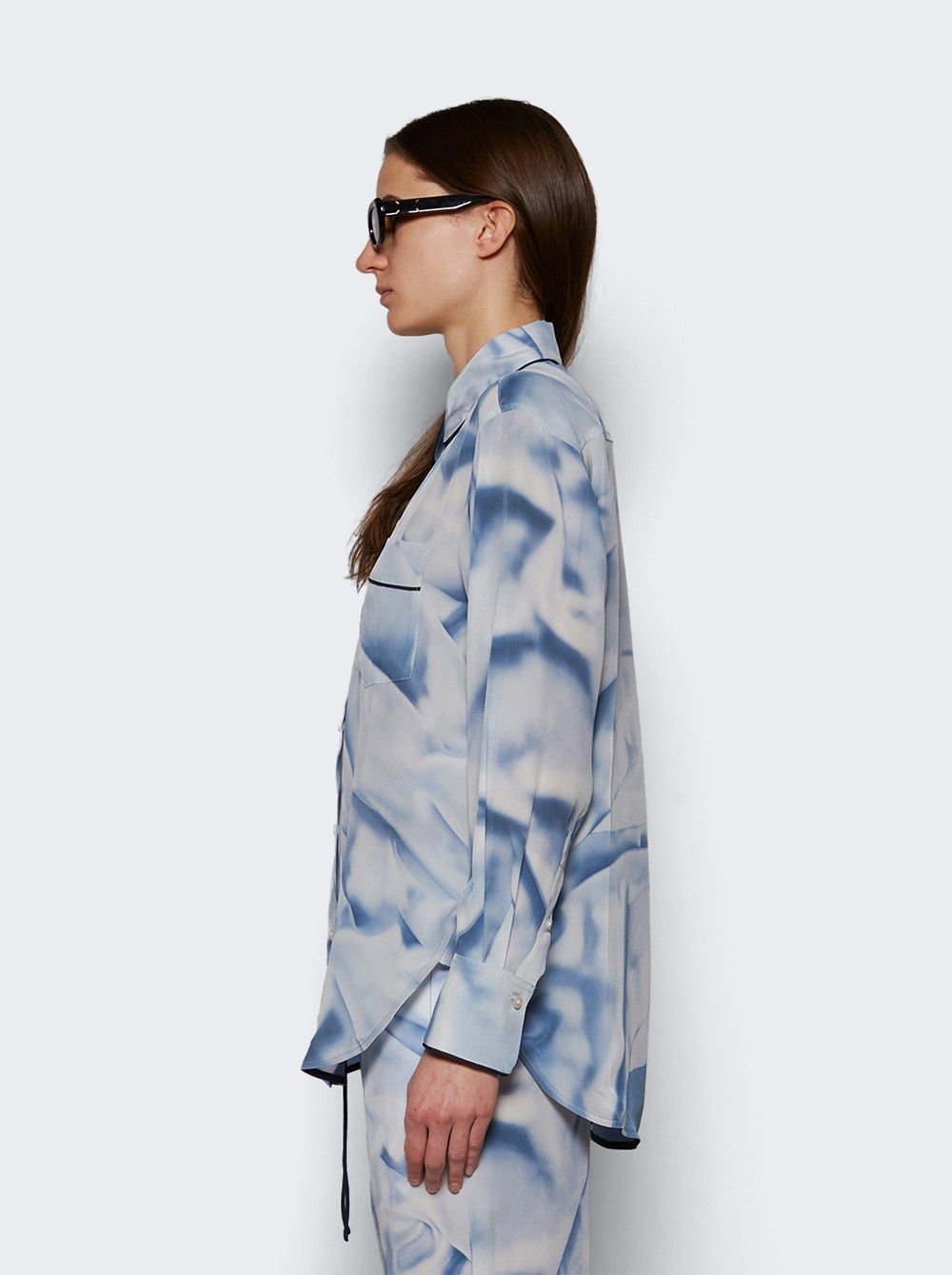Piping Detail Pyjama Shirt Flower Ice Blue - 4
