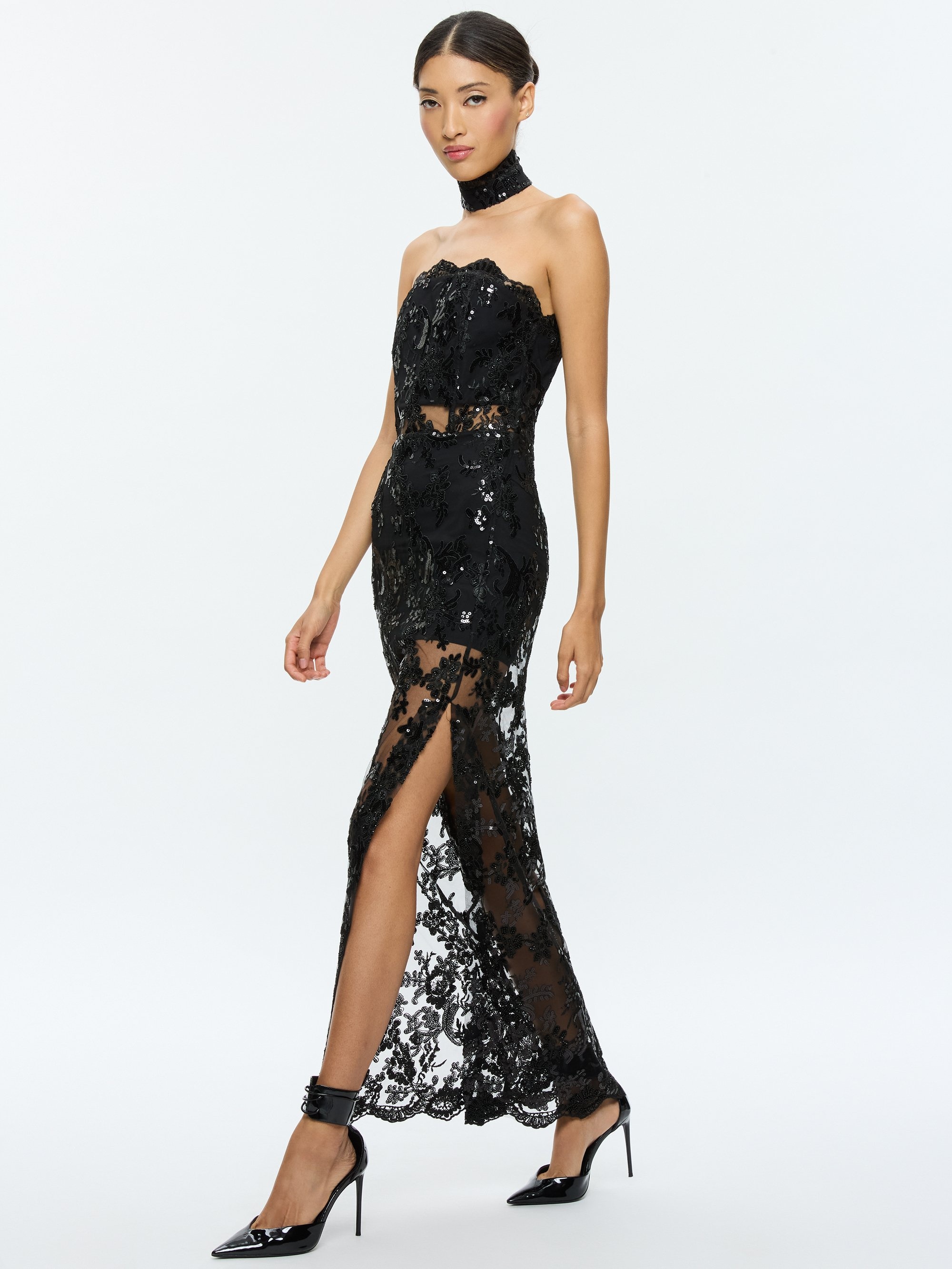 GEORGIE EMBELLISHED STRAPLESS HIGH SLIT GOWN WITH COLLAR - 5