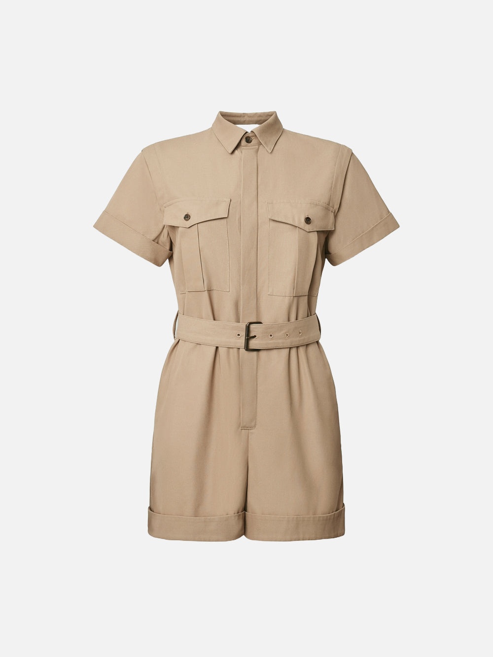 Utility Short Jumpsuit in Khaki Tan - 1