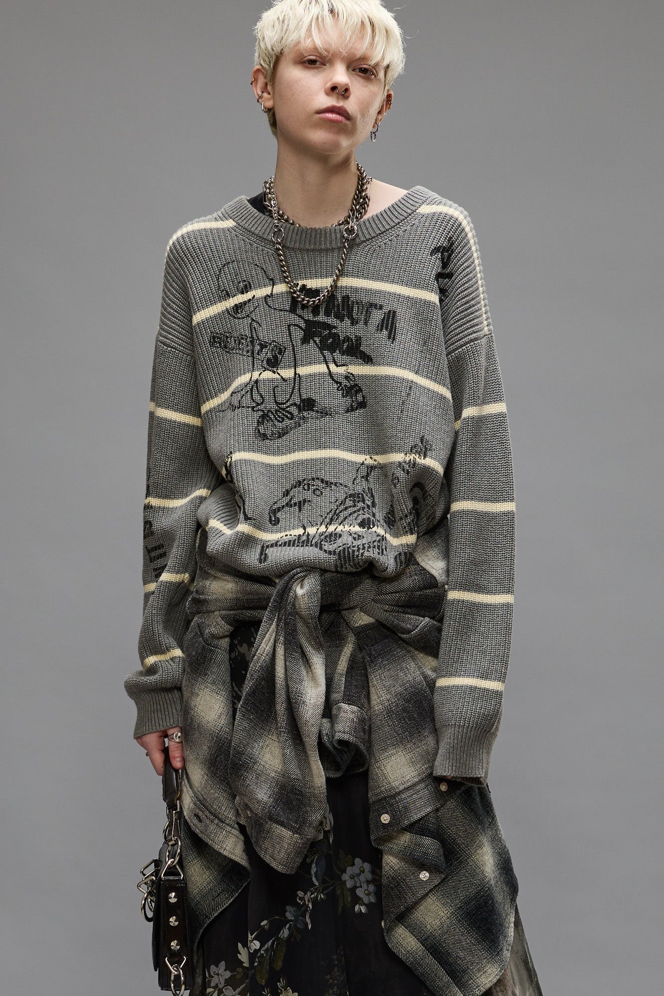 STRIPED BOYFRIEND SWEATER - HEATHER GREY - 1