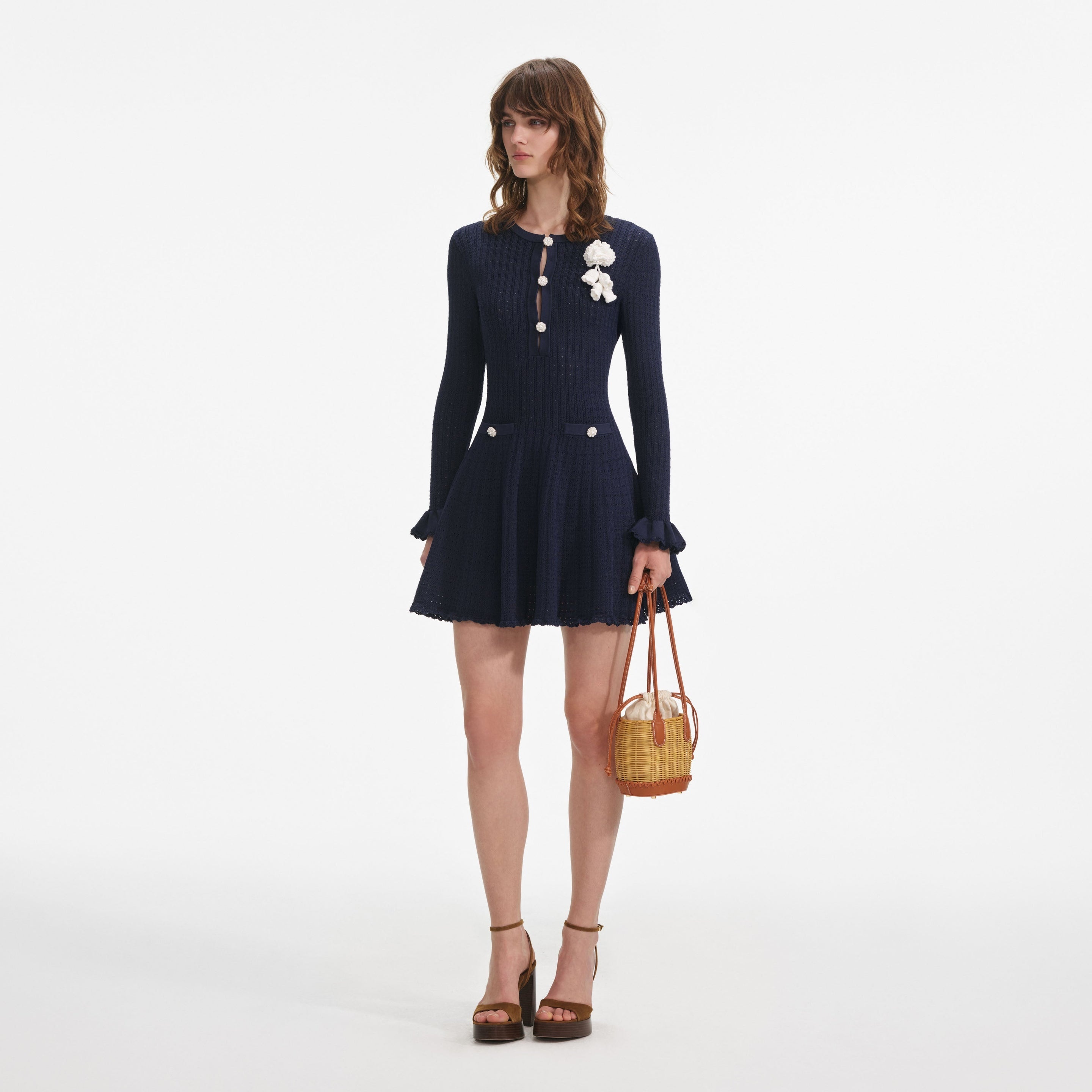 Navy Pointelle Knit Crochet Flower Mini Dress - 2